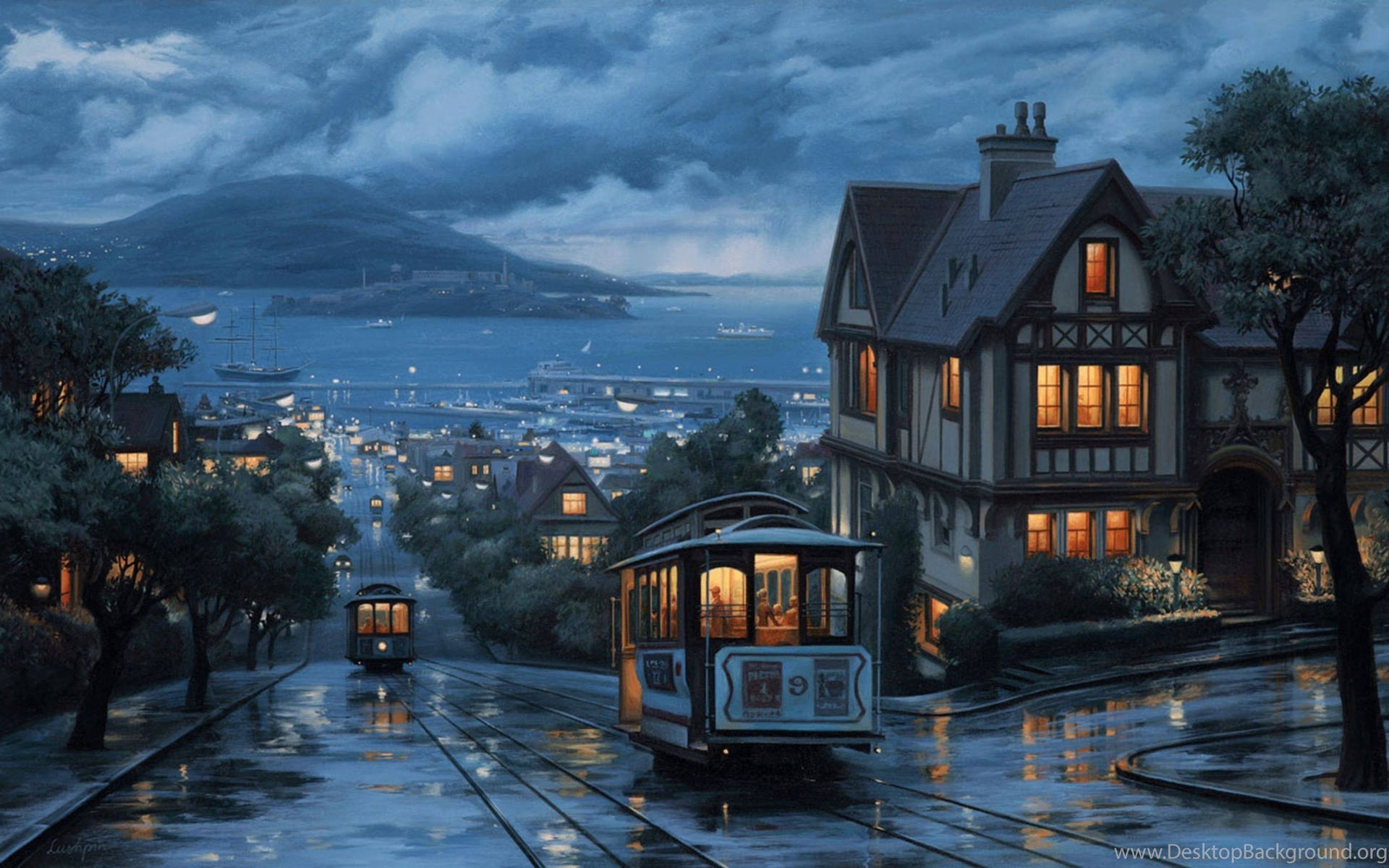 A Painting Of A Street With A Cable Car Wallpaper