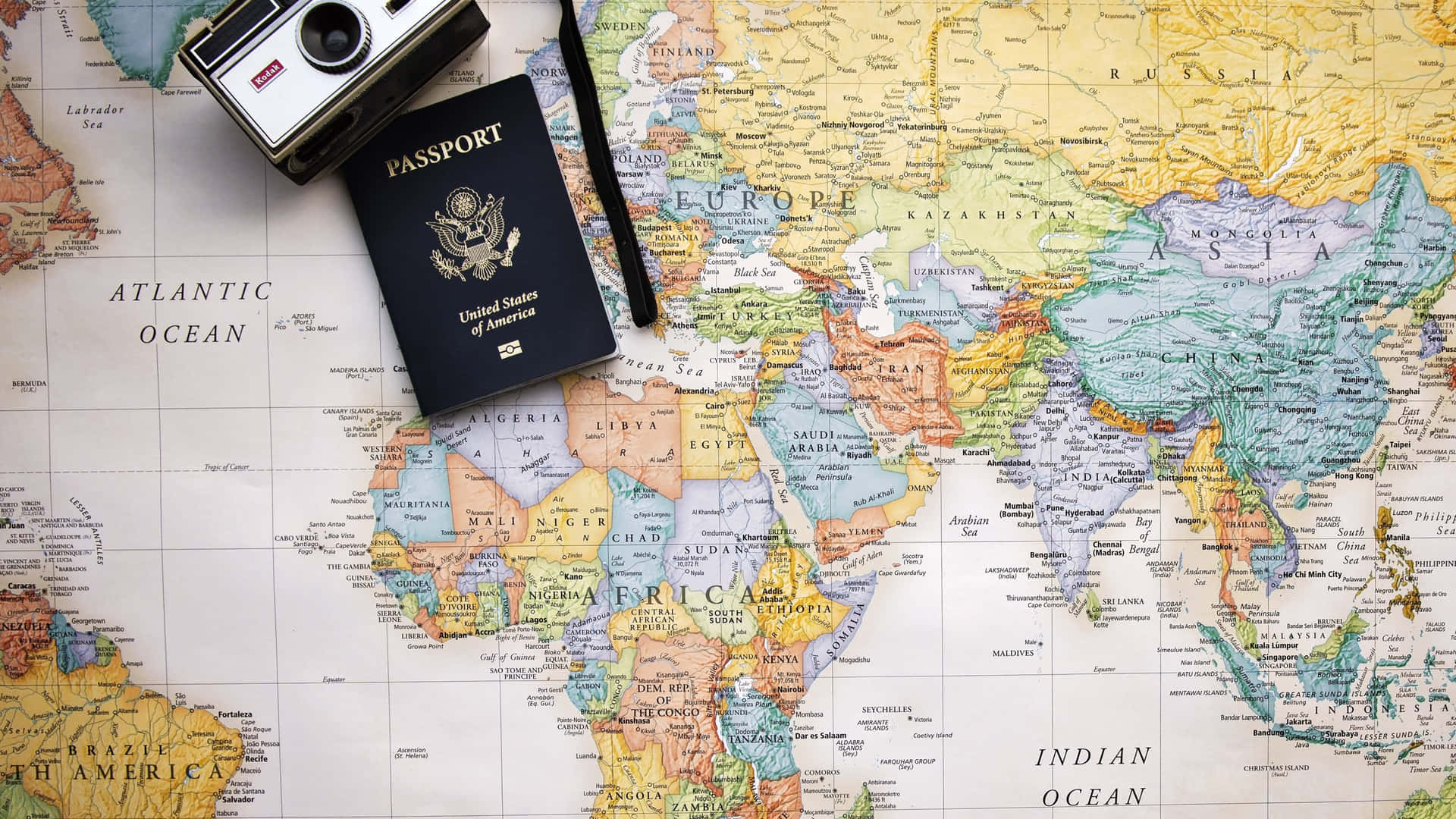 Travel Preparation World Map Passport Camera Wallpaper