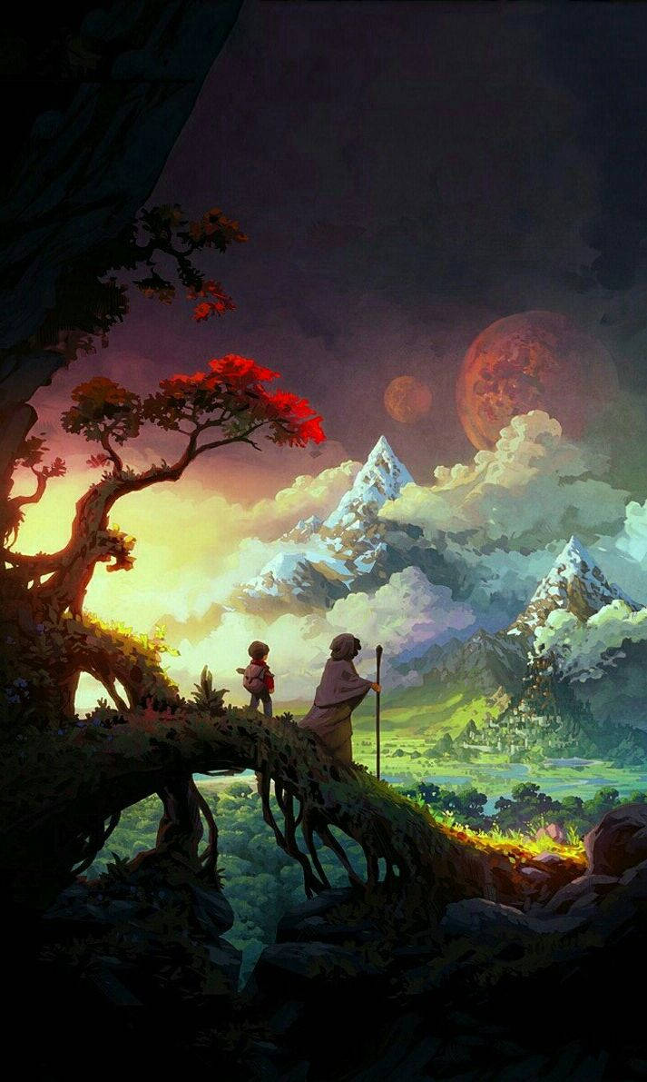 Travelers Overlooking Fantasy Landscape Phone Wallpaper