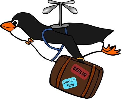 Traveling Penguinwith Helicopter Backpackand Luggage PNG