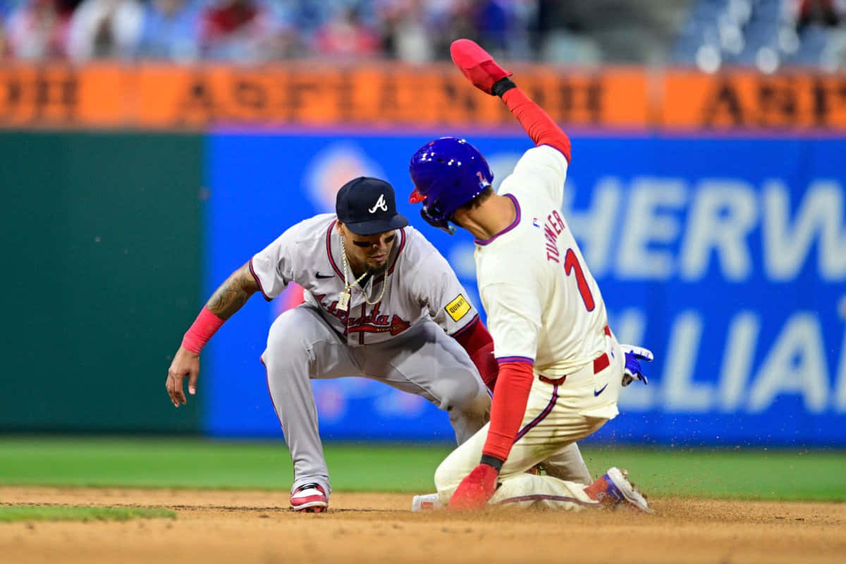 Trea Turner Phillies Base Stealing Attempt Wallpaper