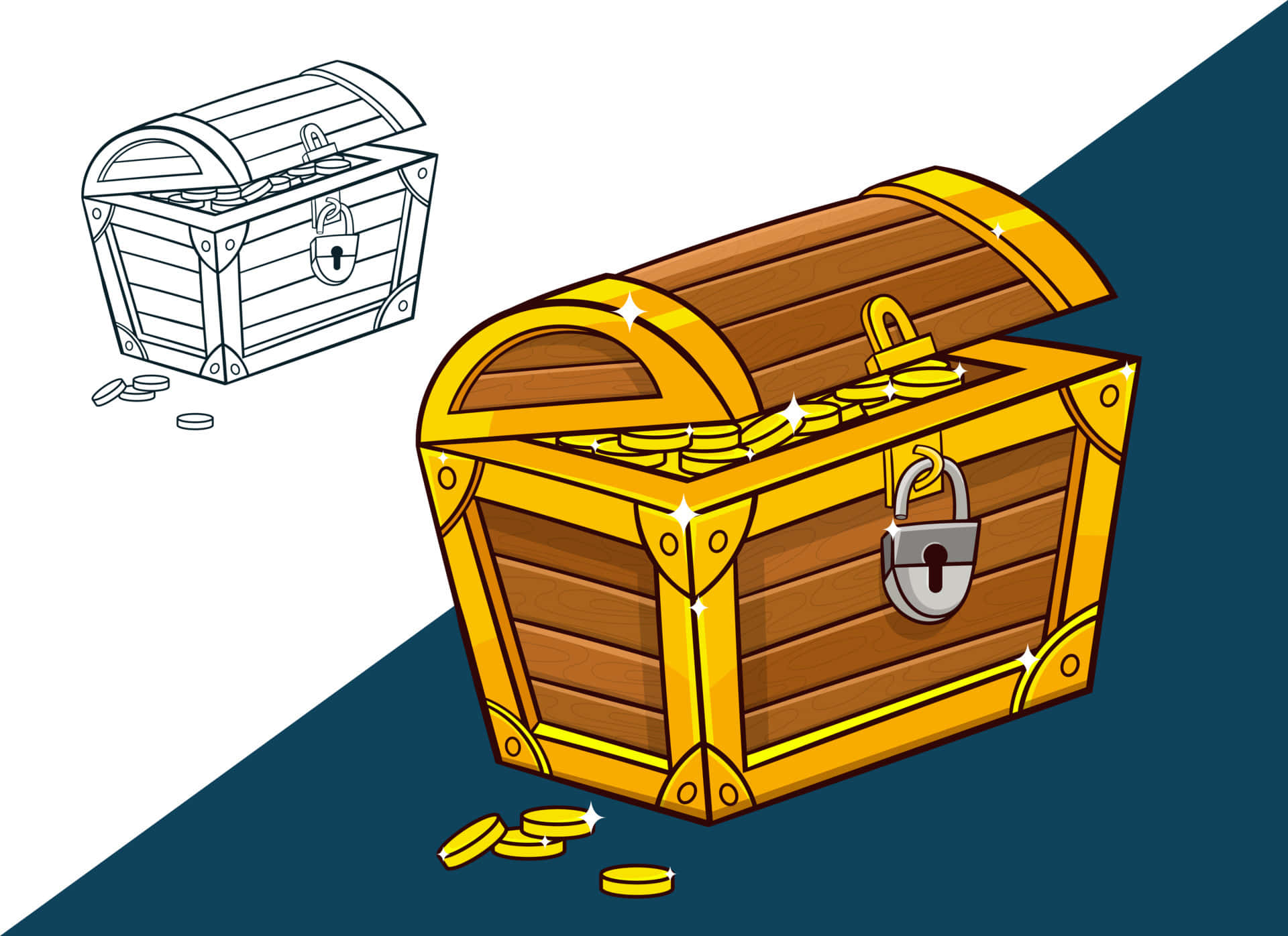 Treasure chest filled with gold and precious gems on an island