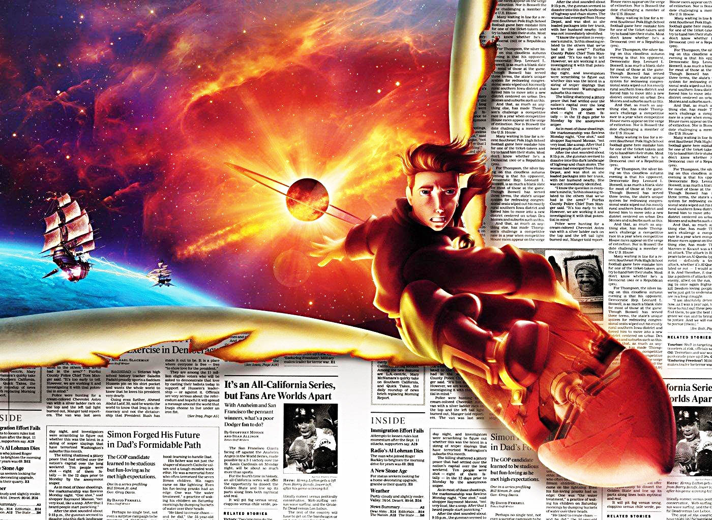 Tesorodel Planeta Jim Hawkins Volando A Través De Un Periódico. Fondo de pantalla