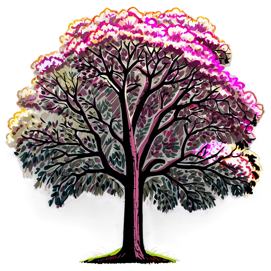A glowing tree with pink and white blossoms against a gradient sky