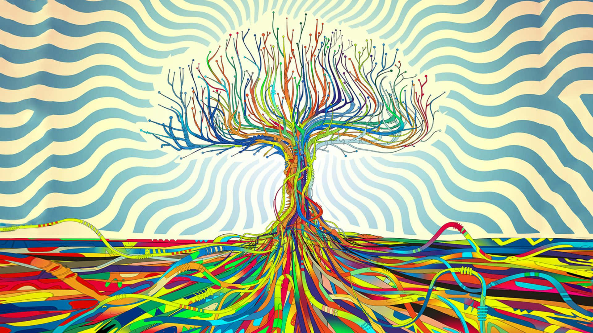 Psychedelic Tree Of Life With Colorful Roots Wallpaper