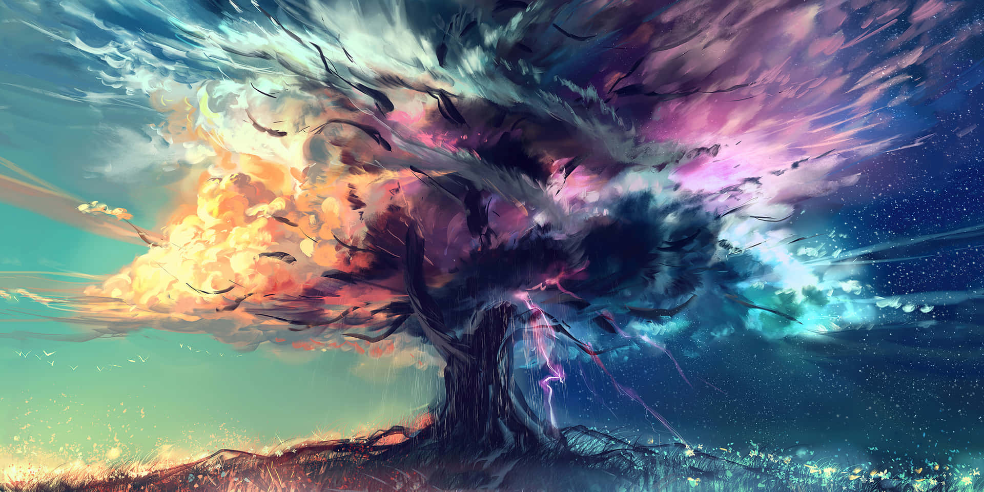 Tree Of Life With Colorful Clouds Wallpaper