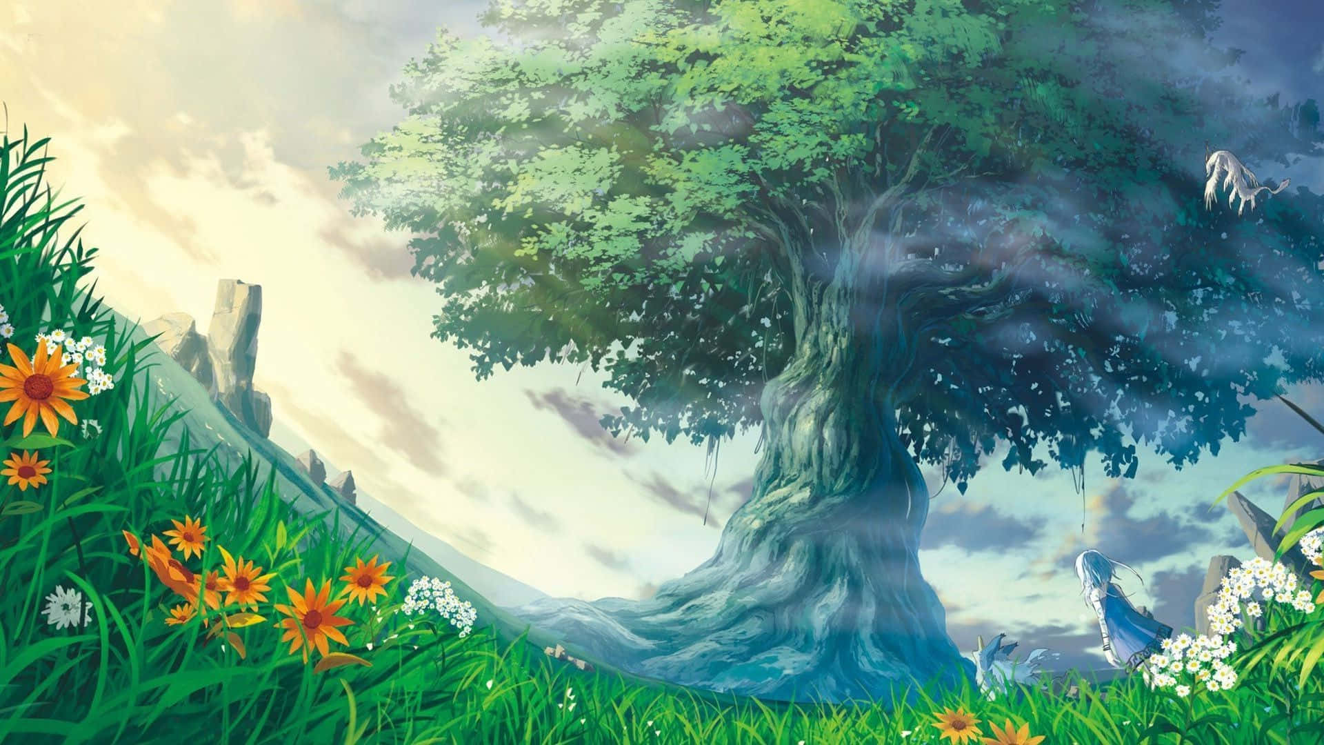And Sunlight- Træ af Liv med Græs og Solskin Wallpaper