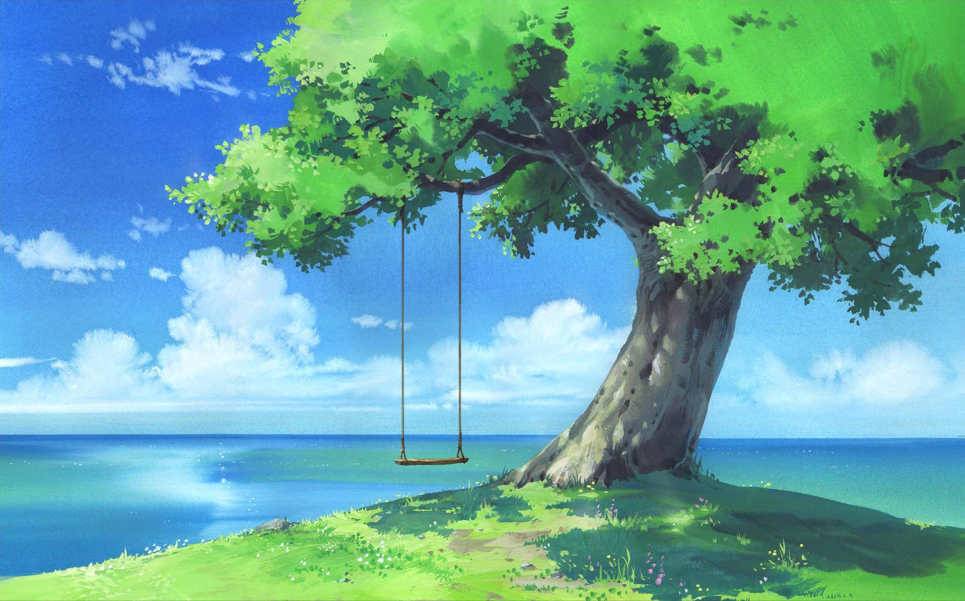 Estéticade Un Paisaje De Anime Con Un Columpio En Un Árbol. Fondo de pantalla