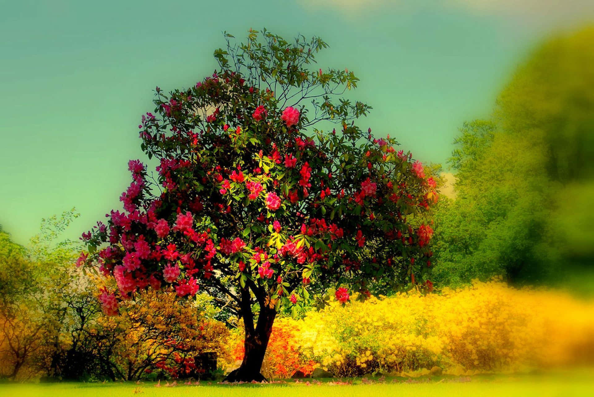 Tree With Red Flowers Vintage Photograph Wallpaper