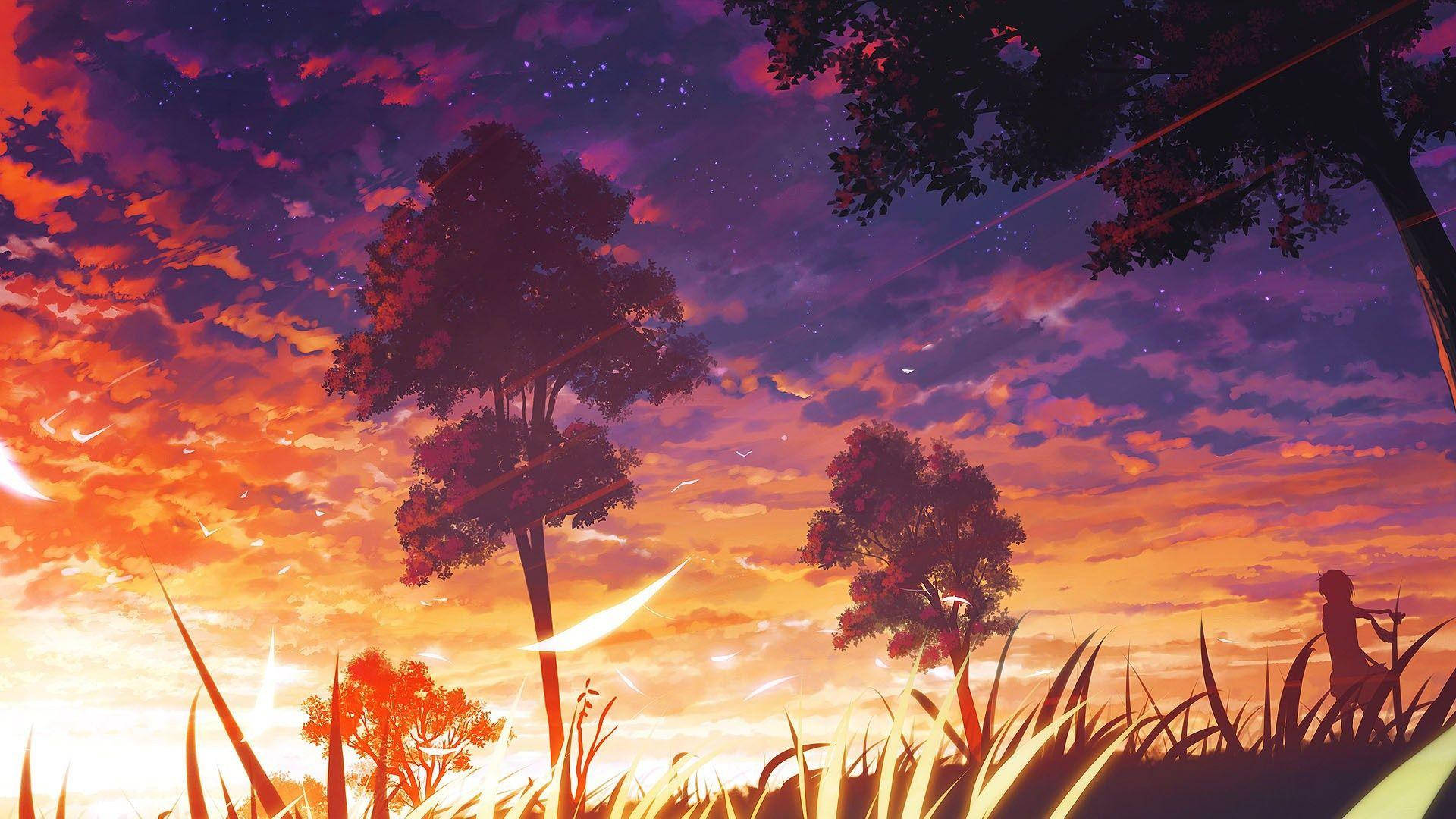 Árvorese Nuvens Em Um Pôr Do Sol Estético De Anime Para Papel De Parede De Computador Ou Celular. Papel de Parede