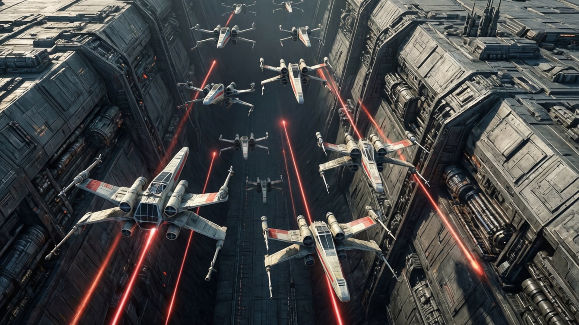 X-wing stjerneskibe affyrer røde lasere i en smal rumkløft.