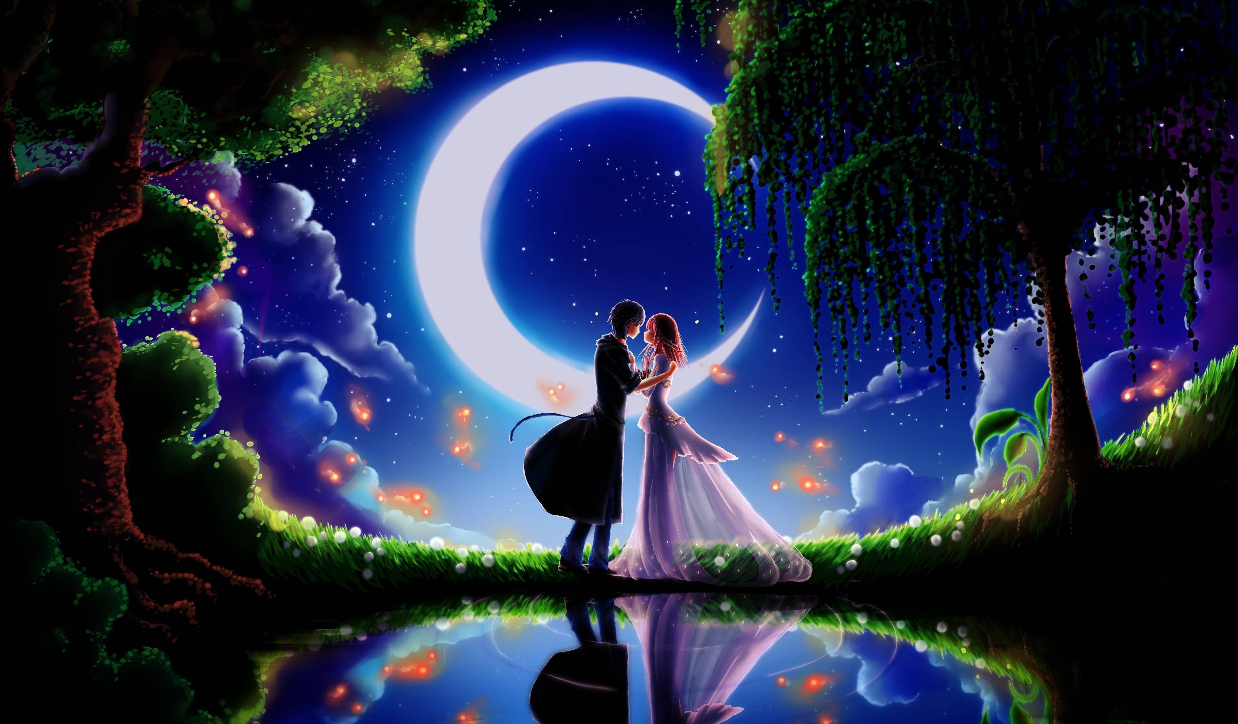 Trending Romantic Anime Couple Crescent Moon Wallpaper