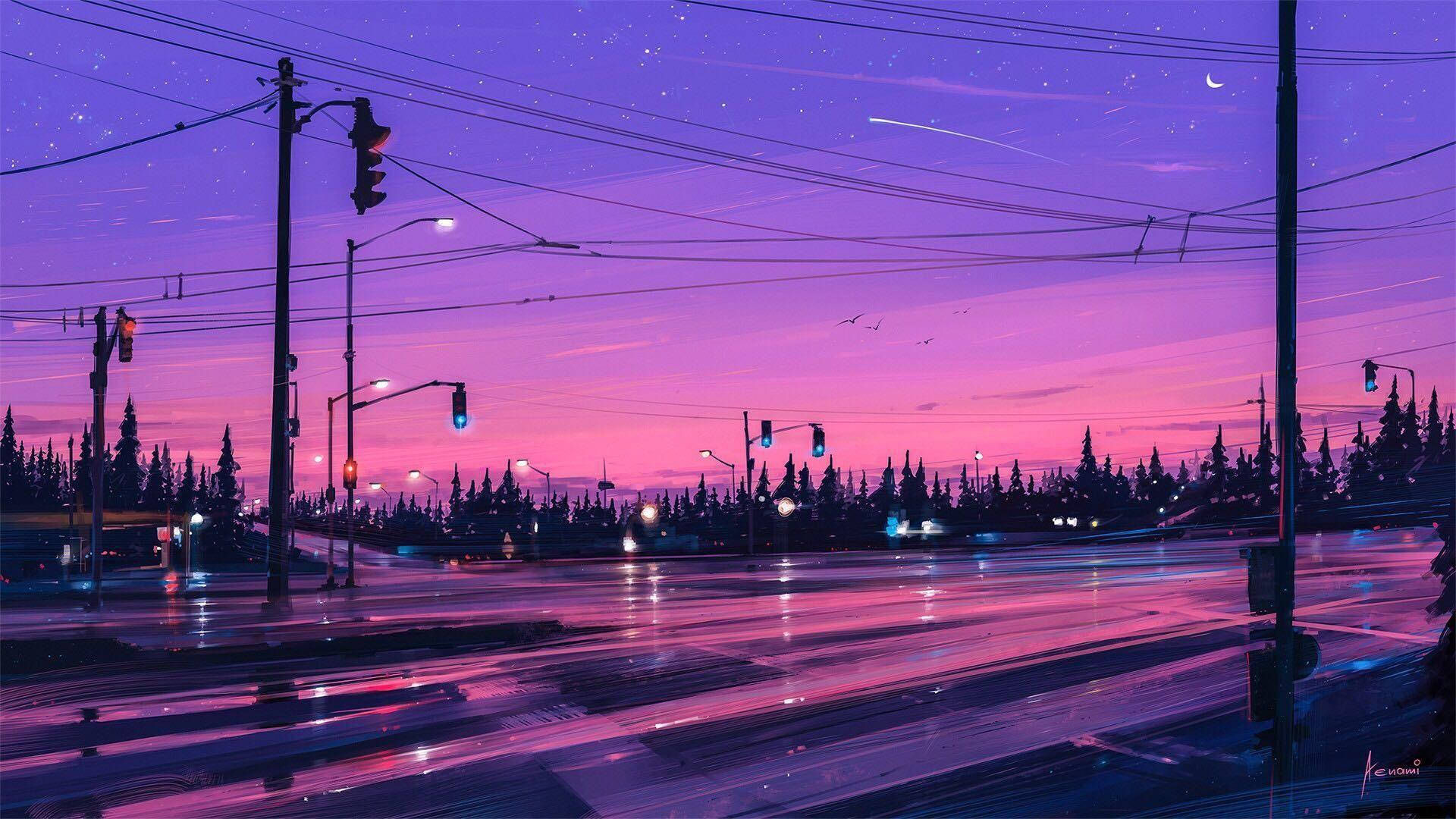 Et maleri af en by om natten med lys og ledninger. Wallpaper