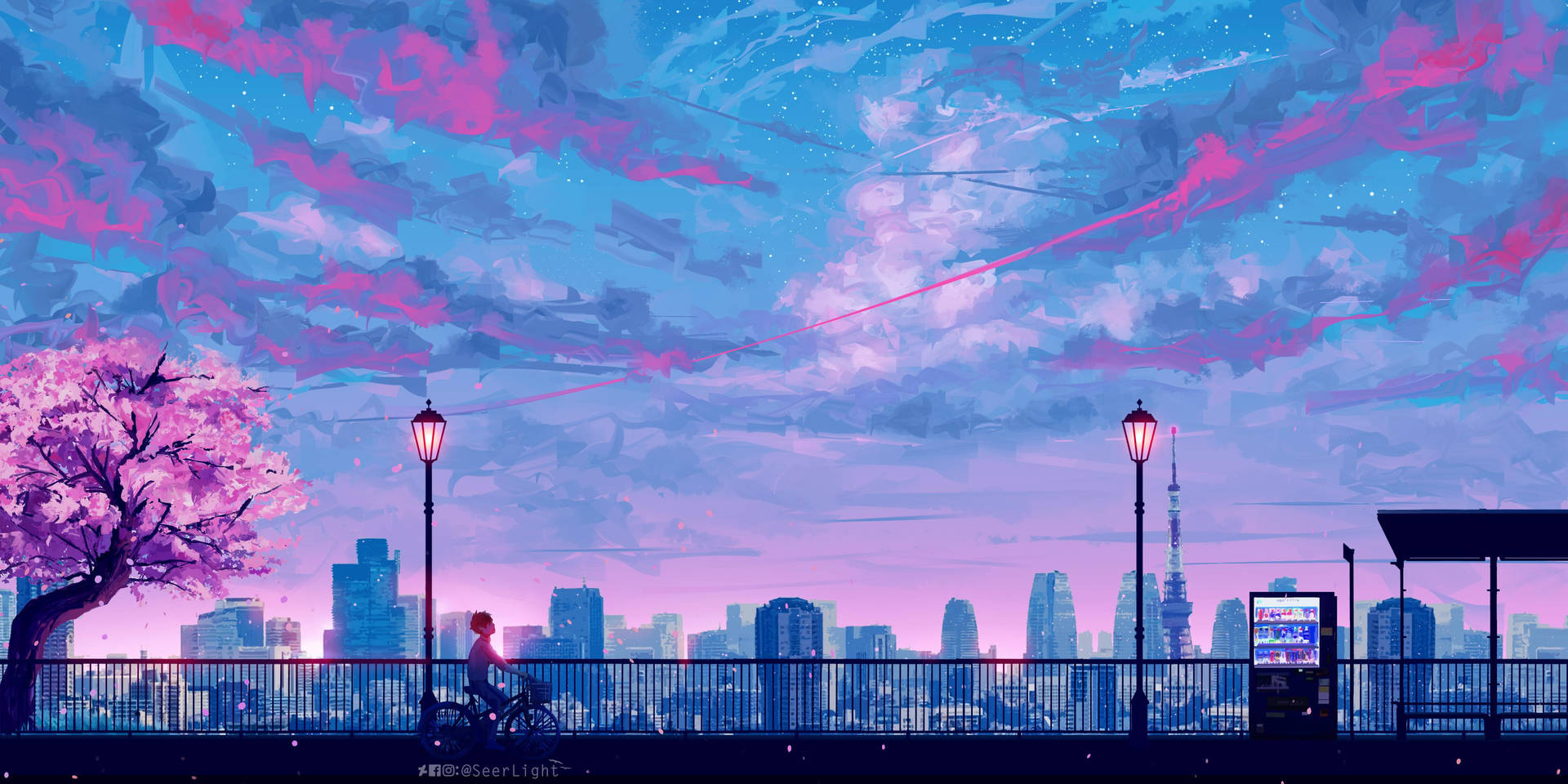 A Painting Of A City With A Pink Sky And Trees Wallpaper