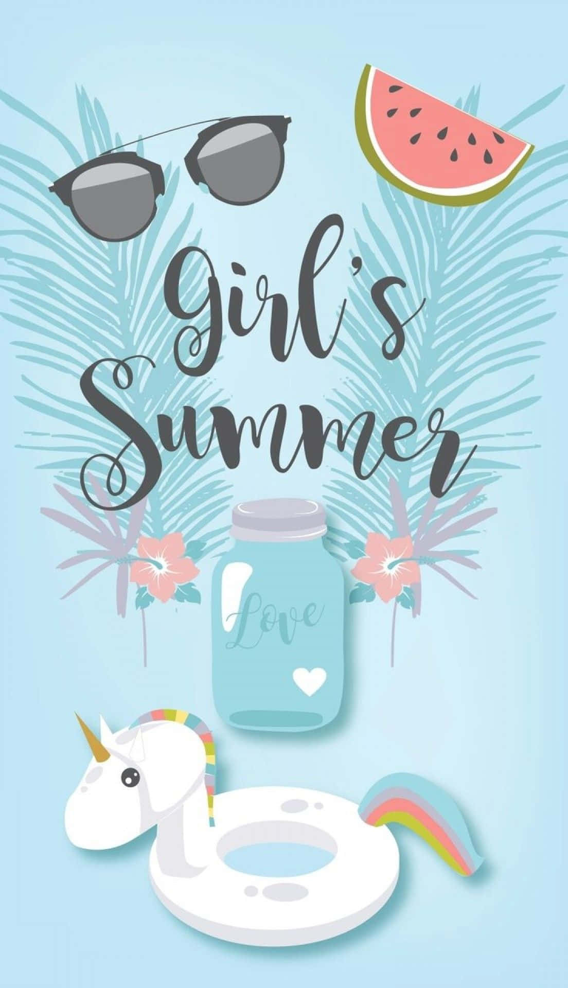 Pige sommer kort med solbriller, en enhjørning, og en hat Wallpaper