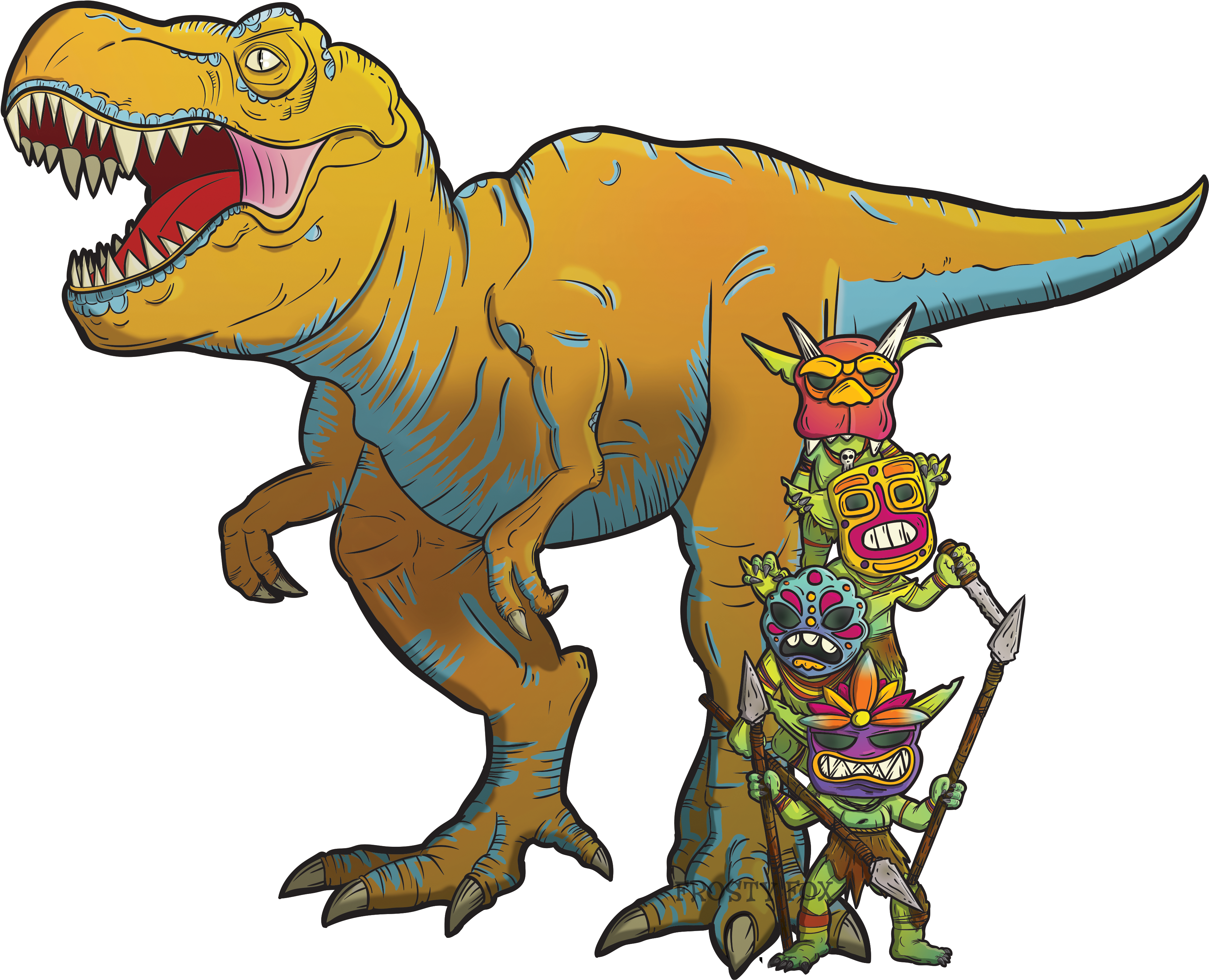 Tribal Masked Dinosaurs Illustration PNG