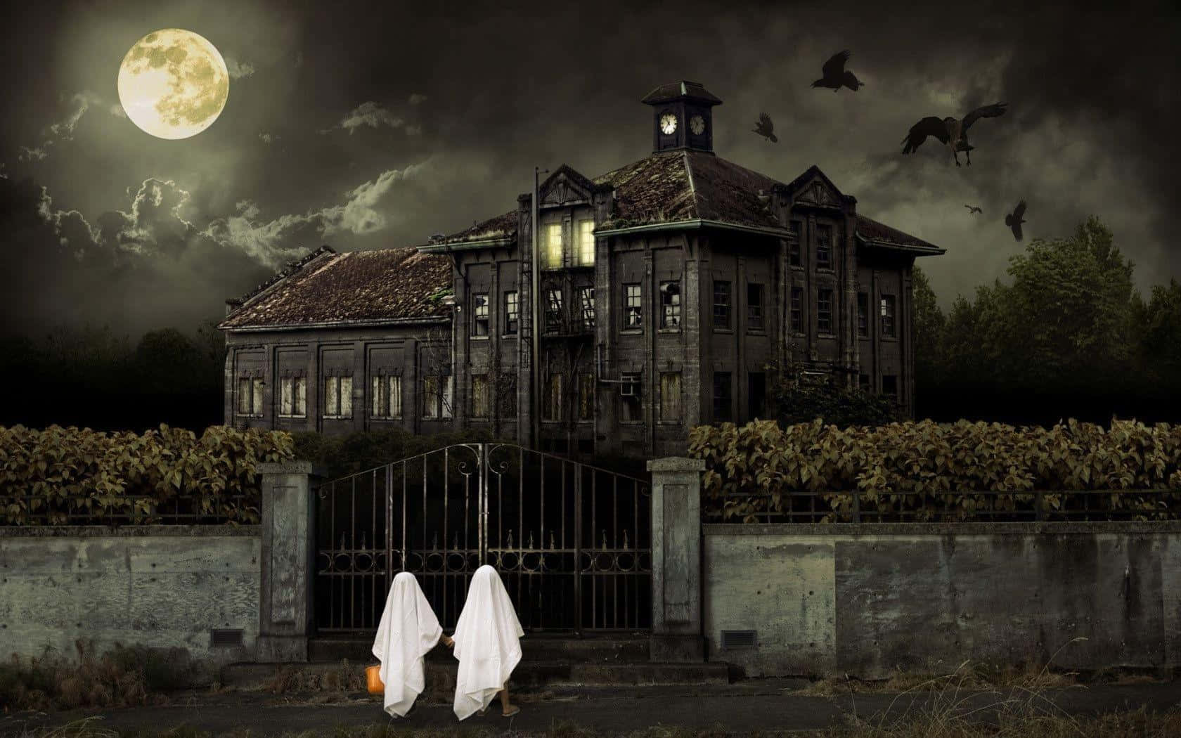 A group of kids in Halloween costumes enjoy trick-or-treating at a haunted house.