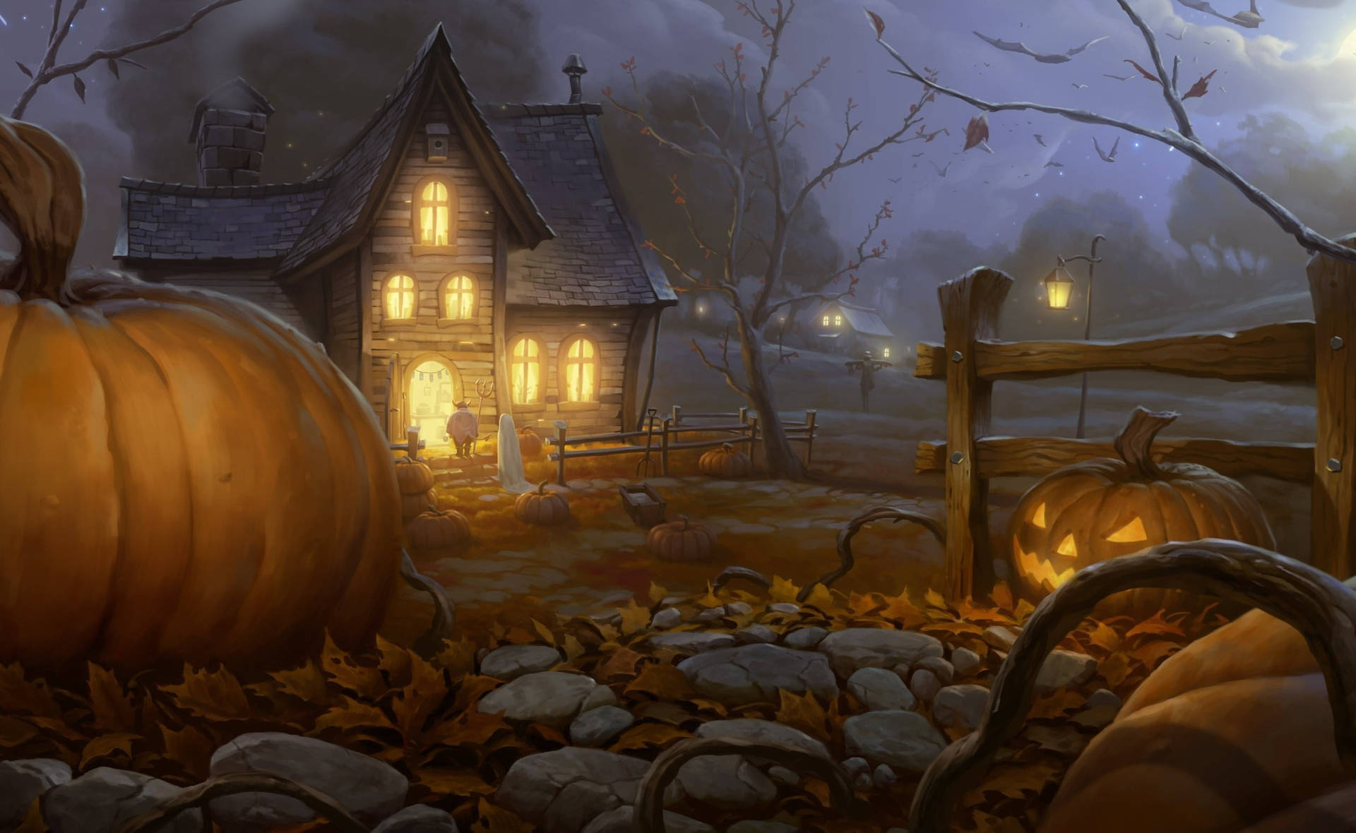 Trick Or Treat Pumpkins Scary House Wallpaper