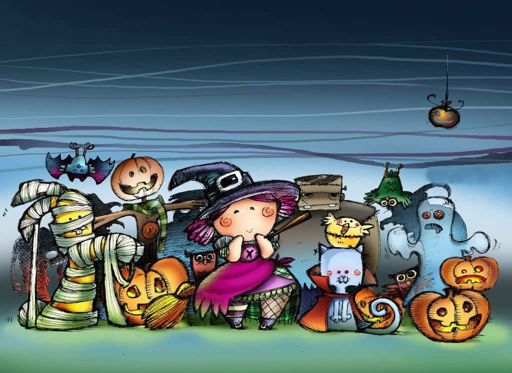 A group of children in Halloween costumes going trick-or-treating Wallpaper