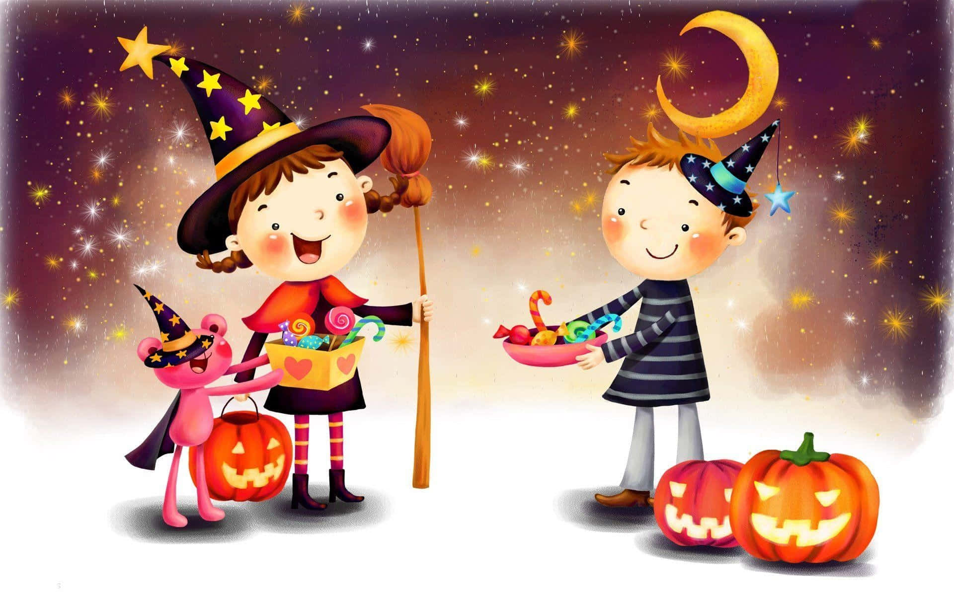 Trick-or-Treaters in Spooky Costumes Outside Wallpaper
