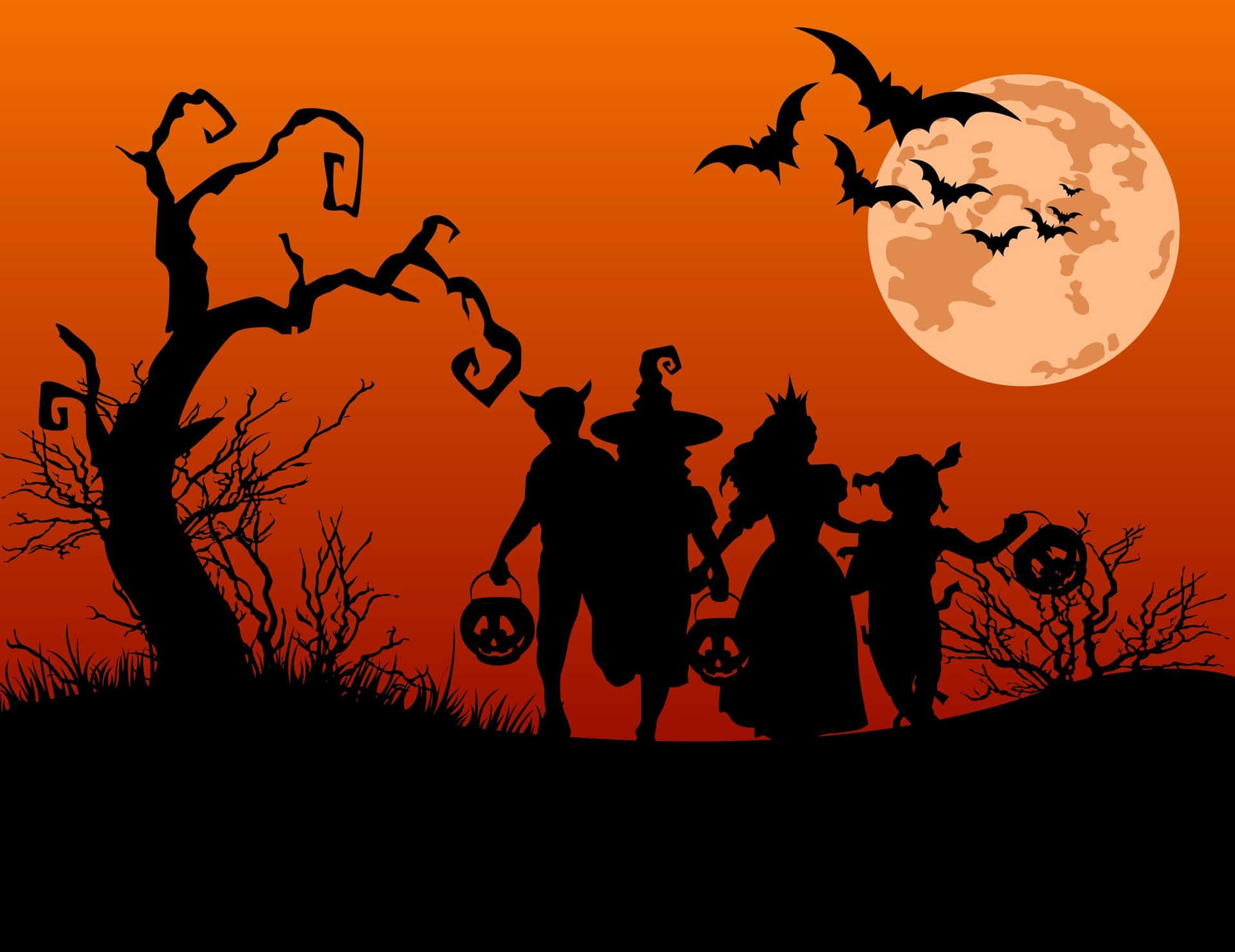 Group of Excited Trick-or-Treaters in Halloween Costumes Wallpaper