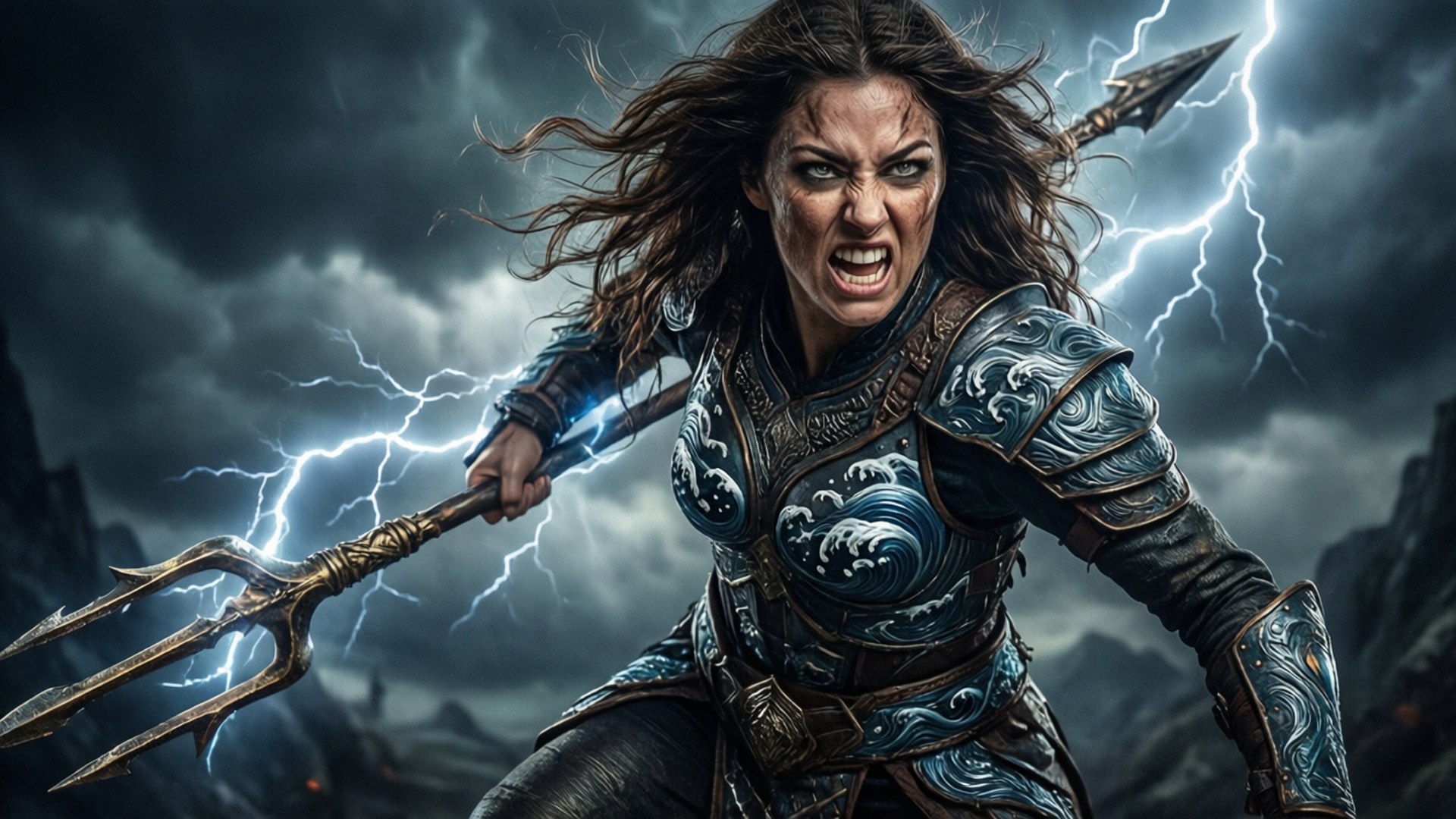 Atrina au combat en tant que guerrière féroce avec un trident