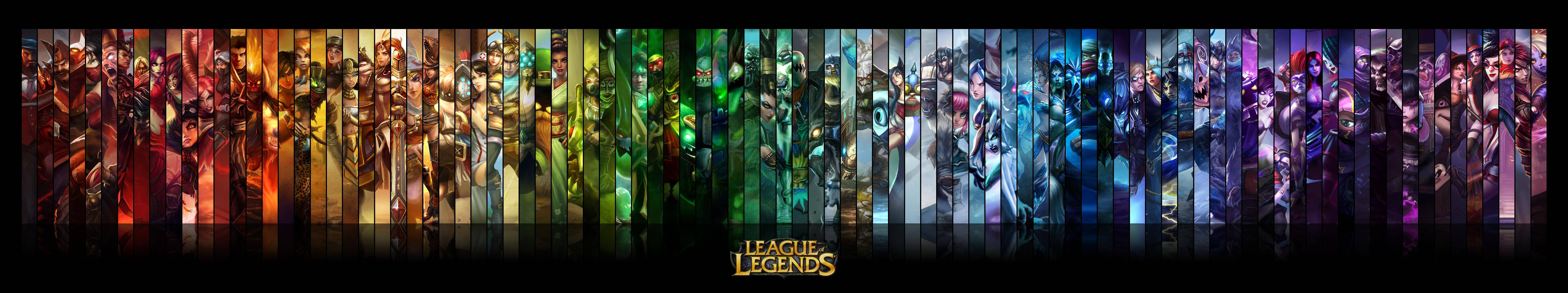 Triple Monitor League Of Legends characters in vertical position arranged according to colors.