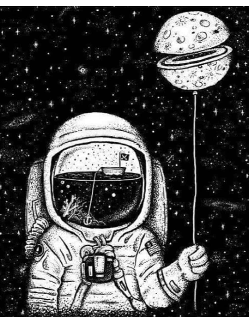 Trippy Astronaut In Space With Balloon Planet Wallpaper
