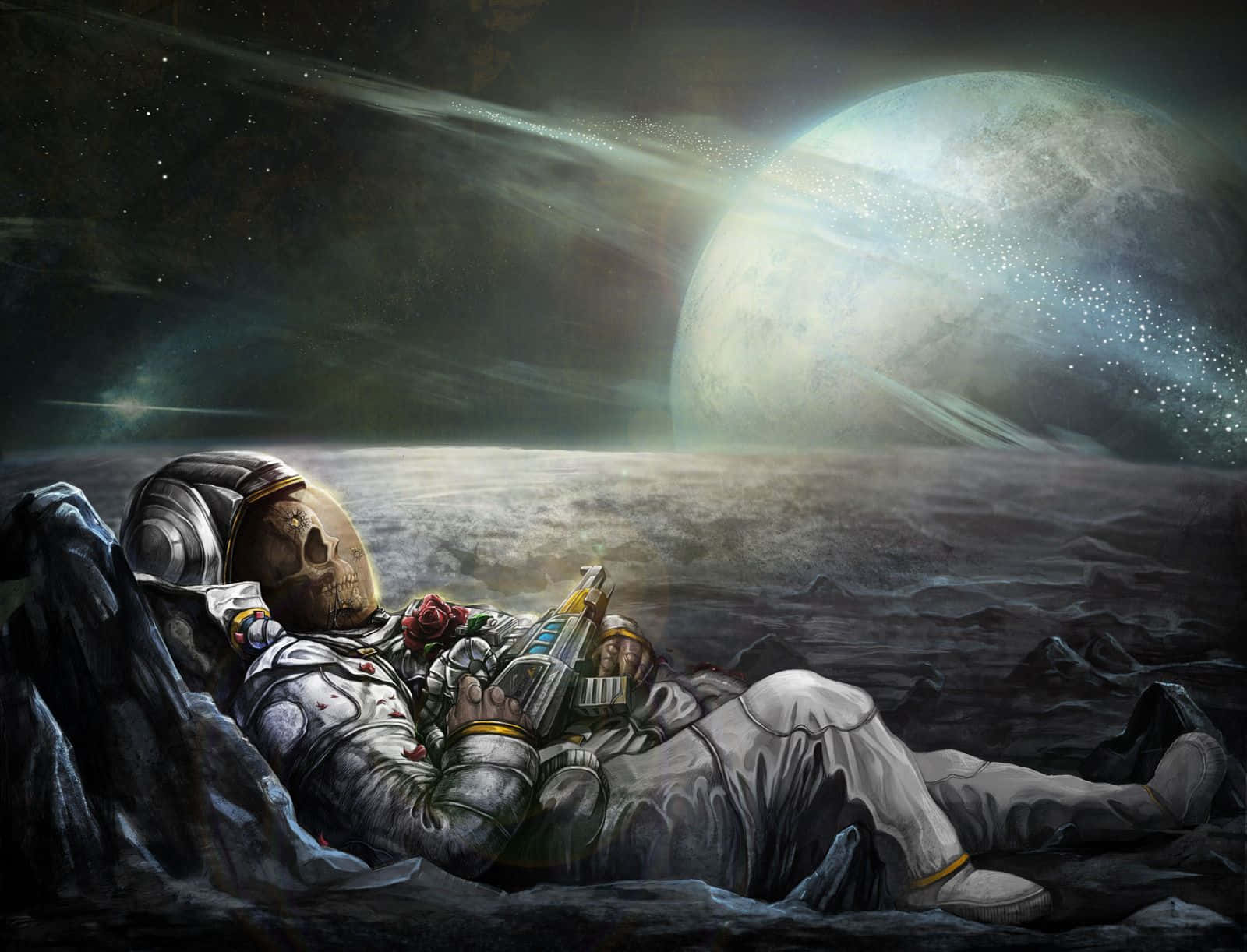 med Galaxy Mønster: Trippy Skull Astronaut I Rummet Chilling med Galaxy Mønster Wallpaper