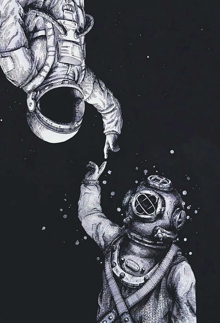 Trippy Astronauts In Space Black Art Wallpaper