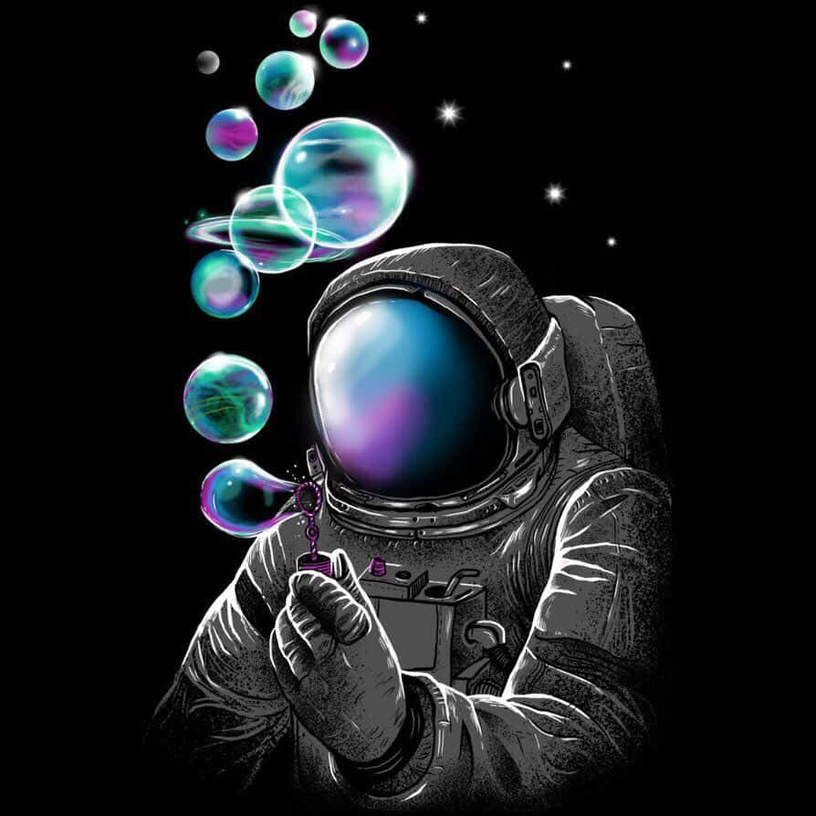 Astronautapsicodélico En El Espacio Soplando Burbujas Azules Alrededor De Un Planeta Fondo de pantalla