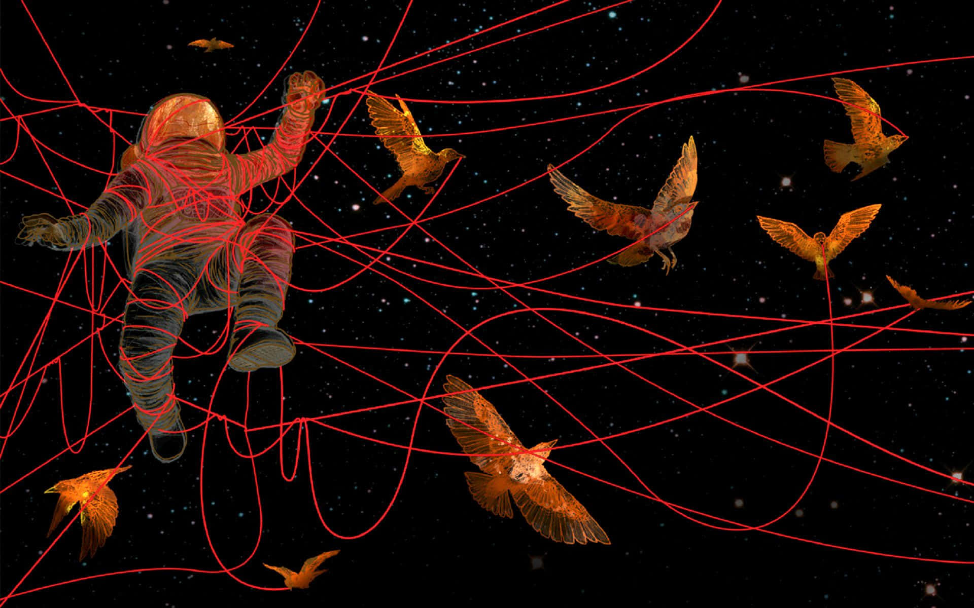 Trippy Astronaut In Space With Red Strings And Birds Wallpaper