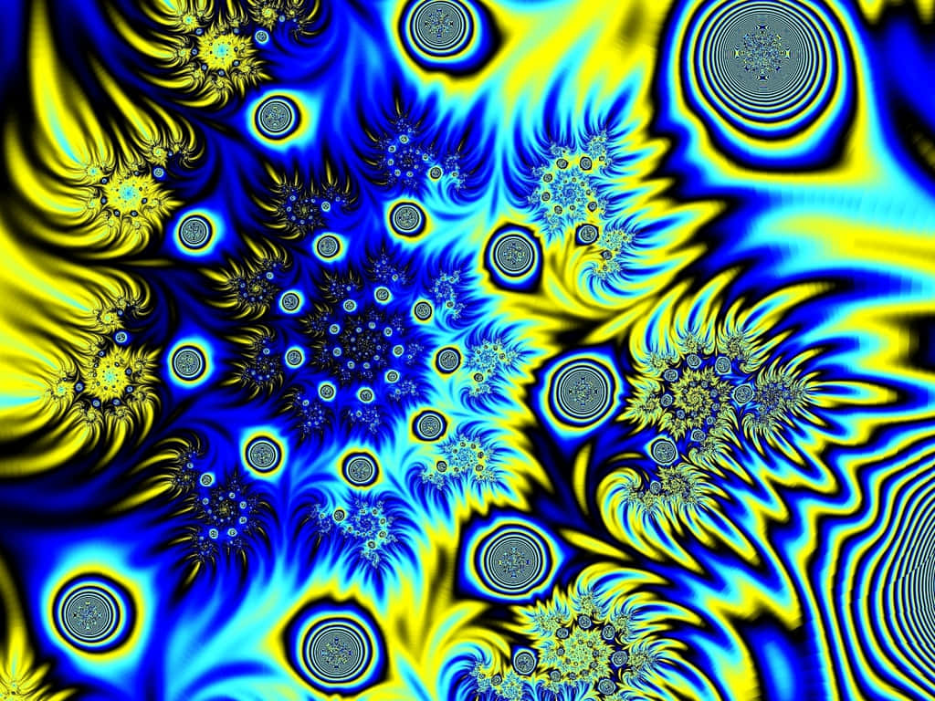 En blå og gul fractal mønster med vrid og cirkler. Wallpaper