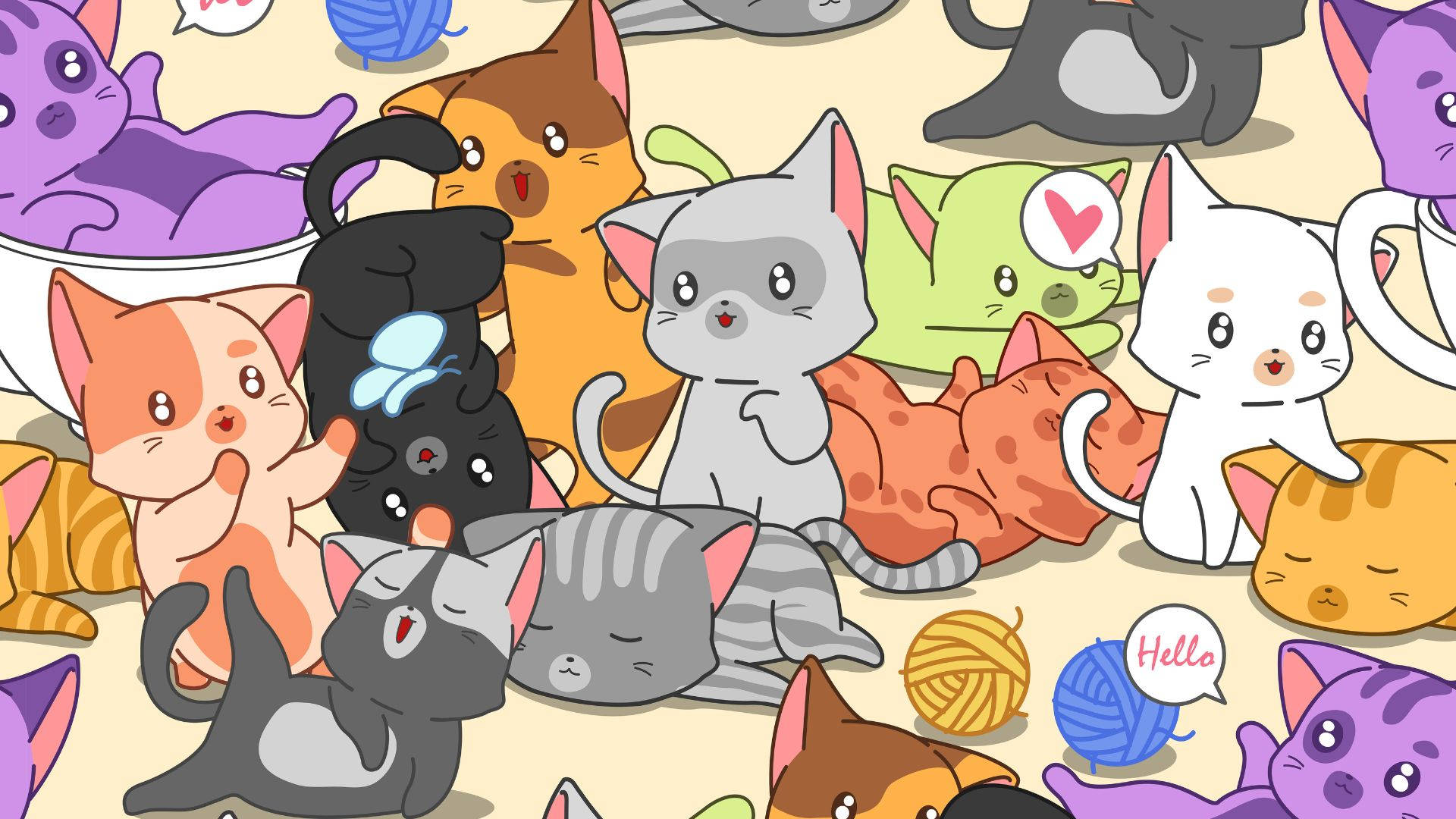 Trippy Cartoon Kittens Yarns Wallpaper