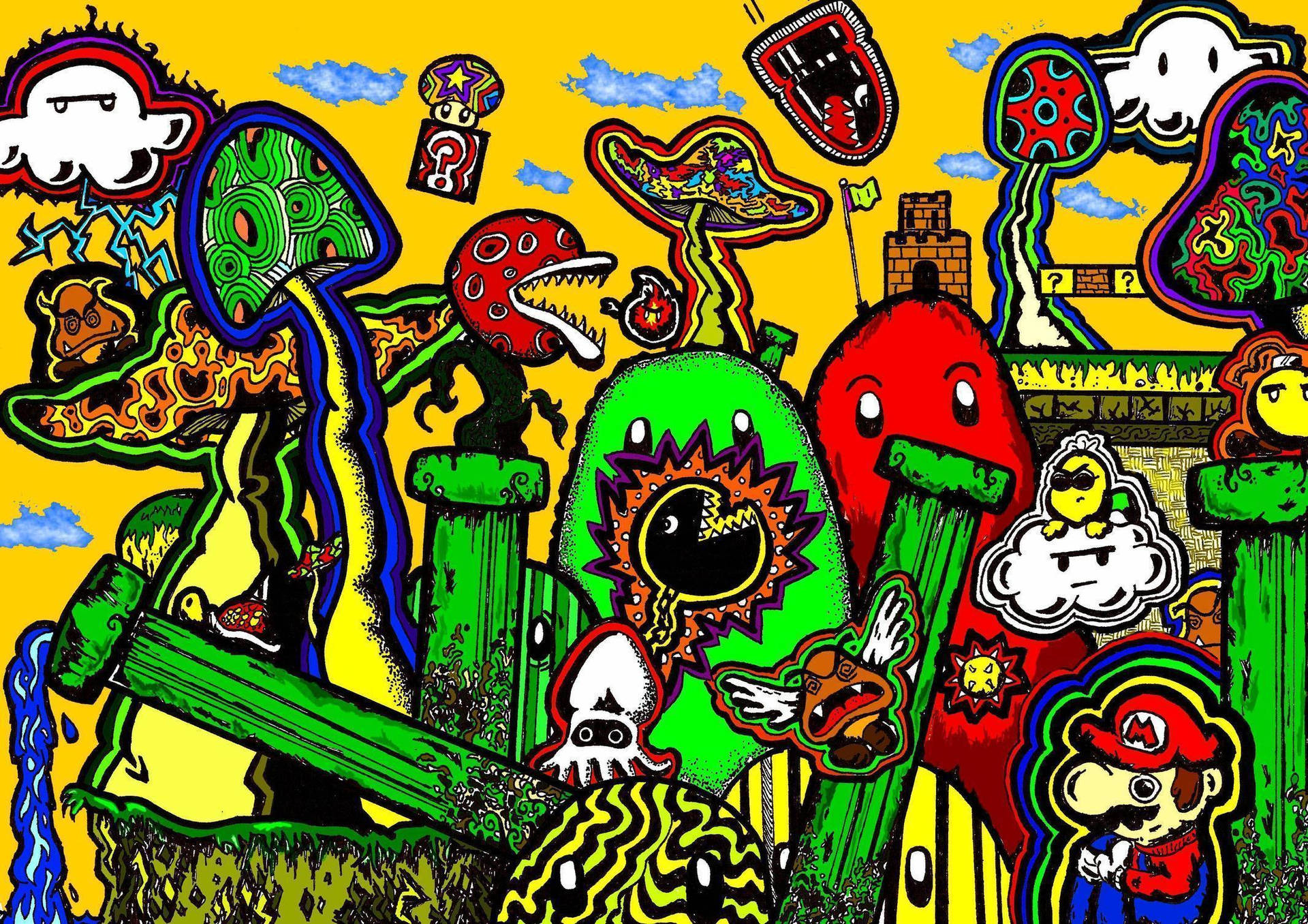 A Colorful Drawing Of A Mushroom And Other Things Wallpaper