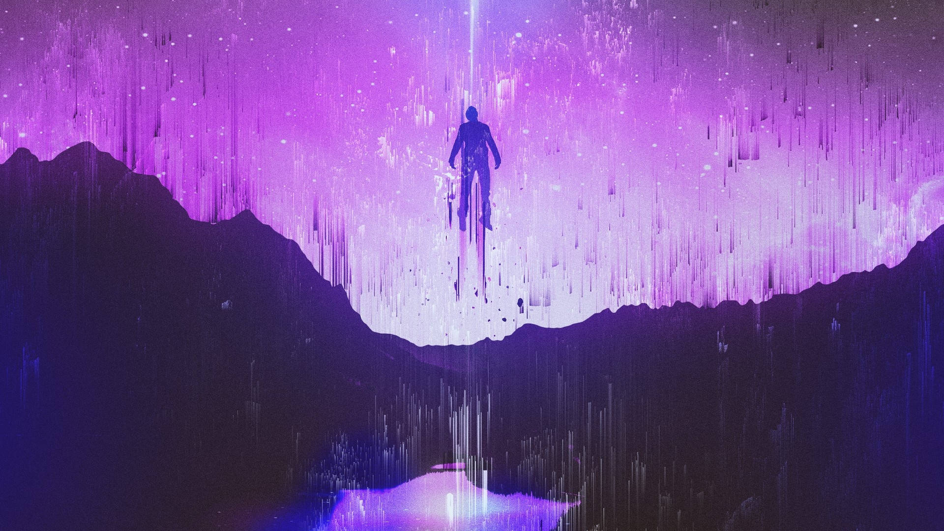 Trippy Dark Man Floating In Purple Sky Wallpaper
