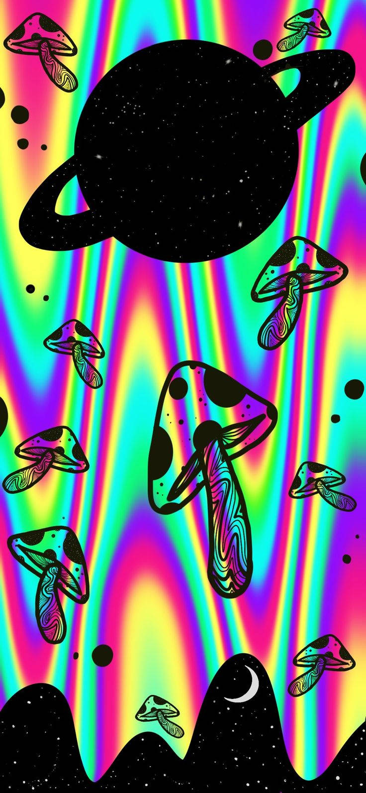 Trippy Dope Mushrooms And Saturn Graphic Wallpaper
