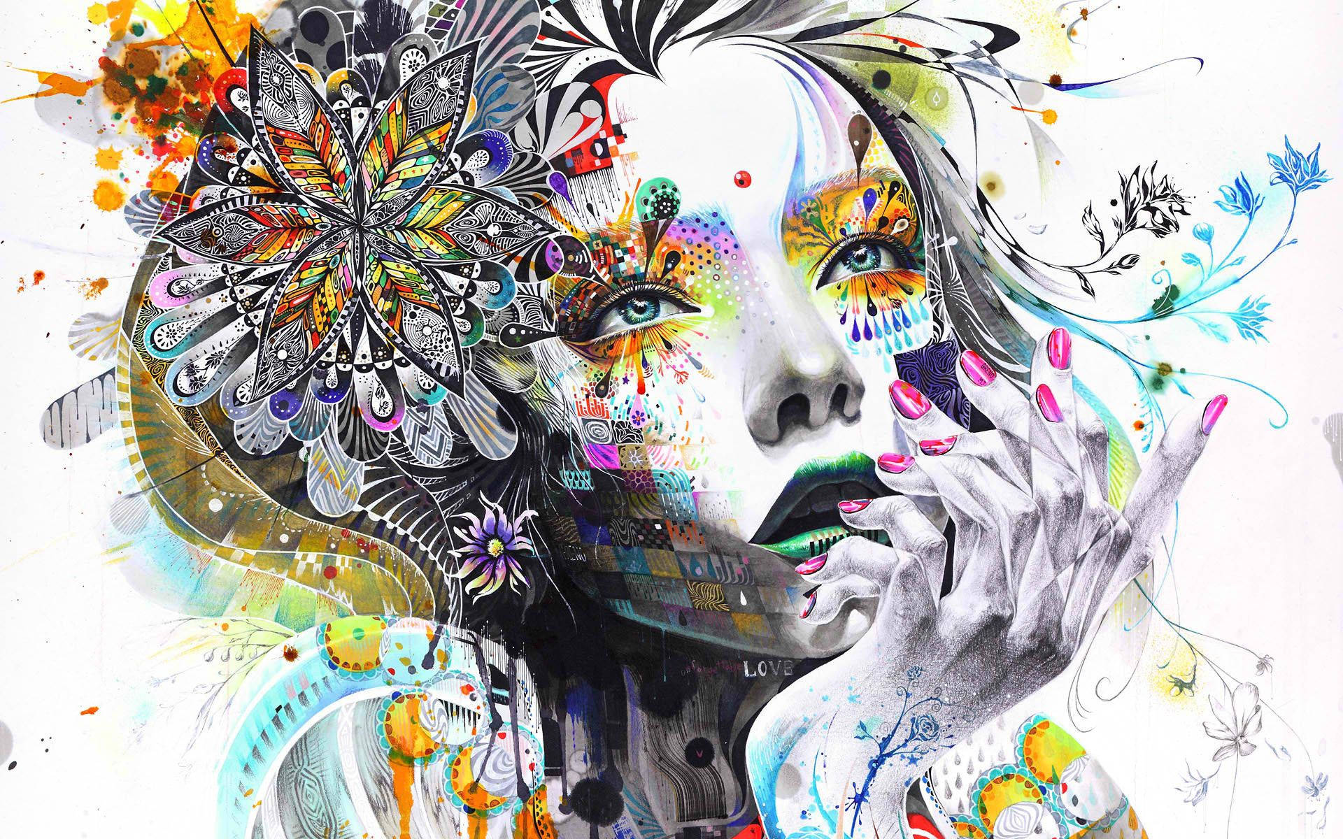 Vibrant colors take this psychedelic trippy face design to a new level Wallpaper