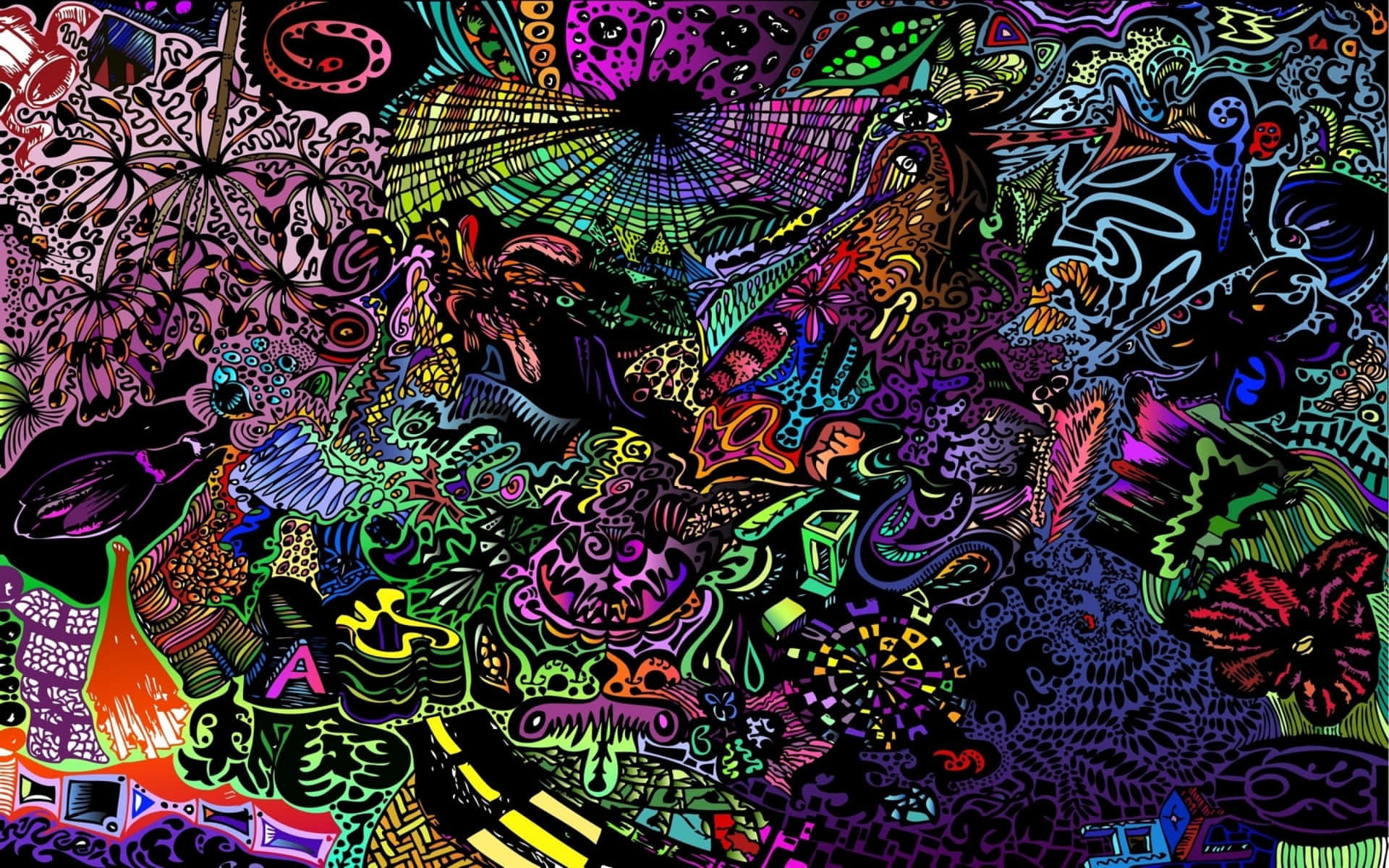 Et farverigt tegning af en psykedelisk scene Wallpaper
