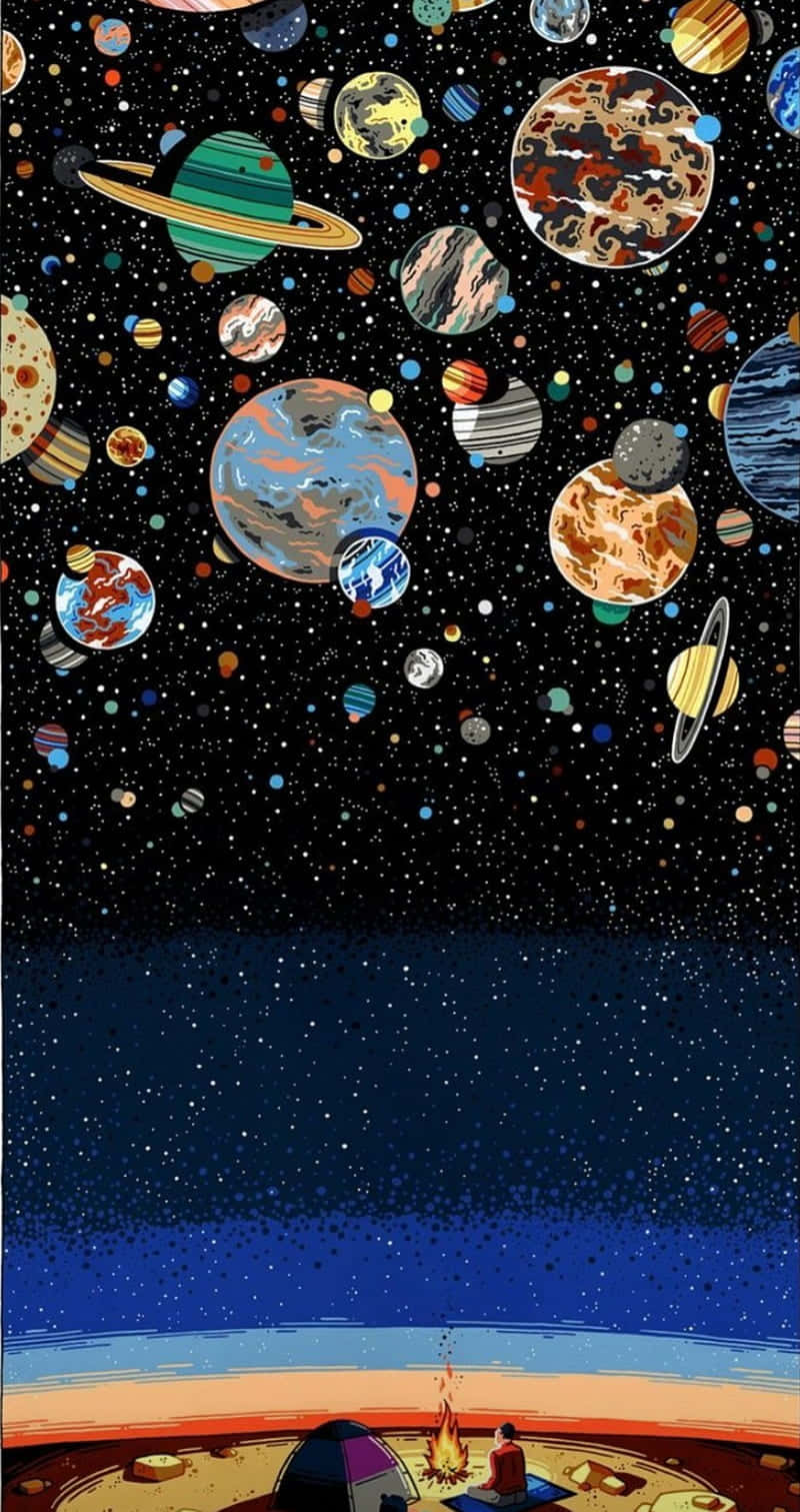 A Painting Of Planets And Stars In The Sky Wallpaper