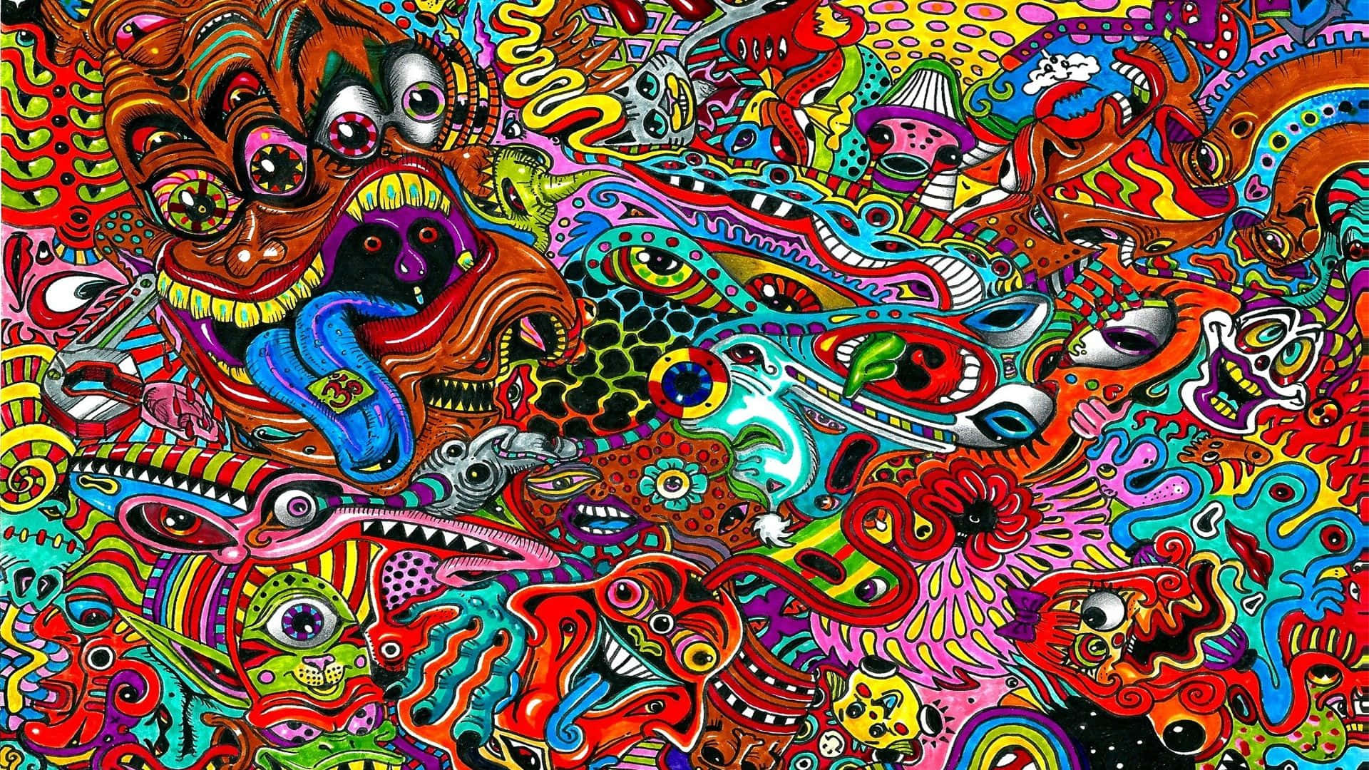 En farverig psykedelisk kunstudskrivning med mange forskellige farver Wallpaper