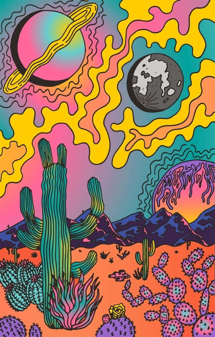 A Colorful Painting Of A Desert With Cactus And Planets Wallpaper