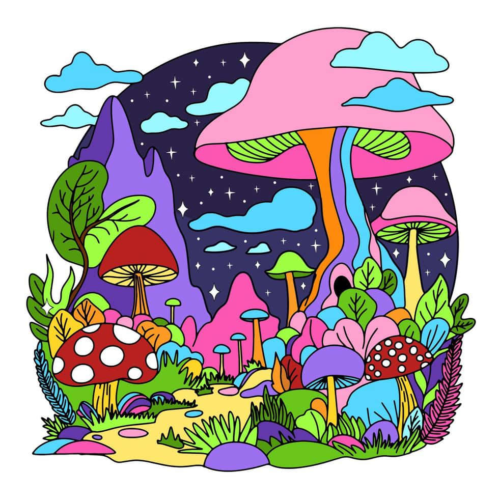 A trippy mushroom adds a splash of psychedelic color to the forest. Wallpaper