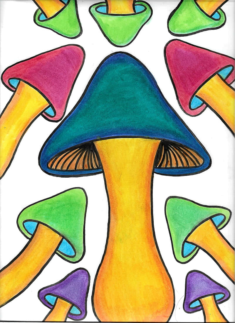 A Colorful Drawing Of Mushrooms On A White Background