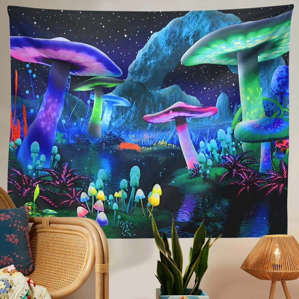 A Colorful Tapestry With Mushrooms And A Tree