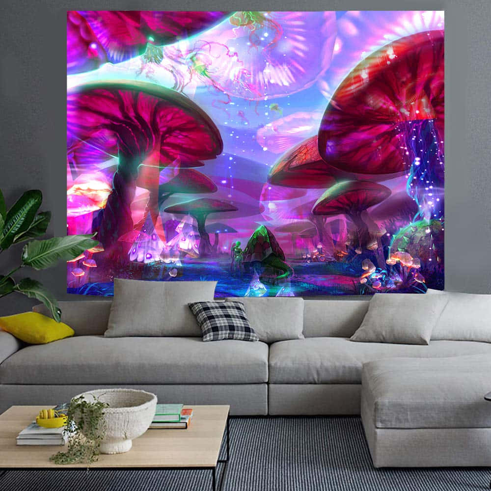 A Living Room With A Colorful Wall Hanging