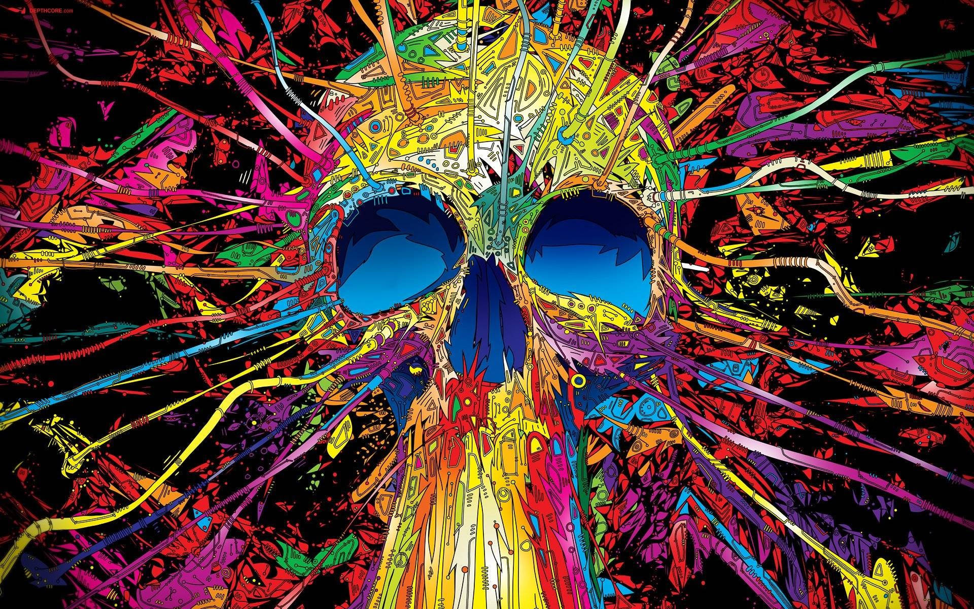 A Colorful Skull With Paint Splatters On It Wallpaper