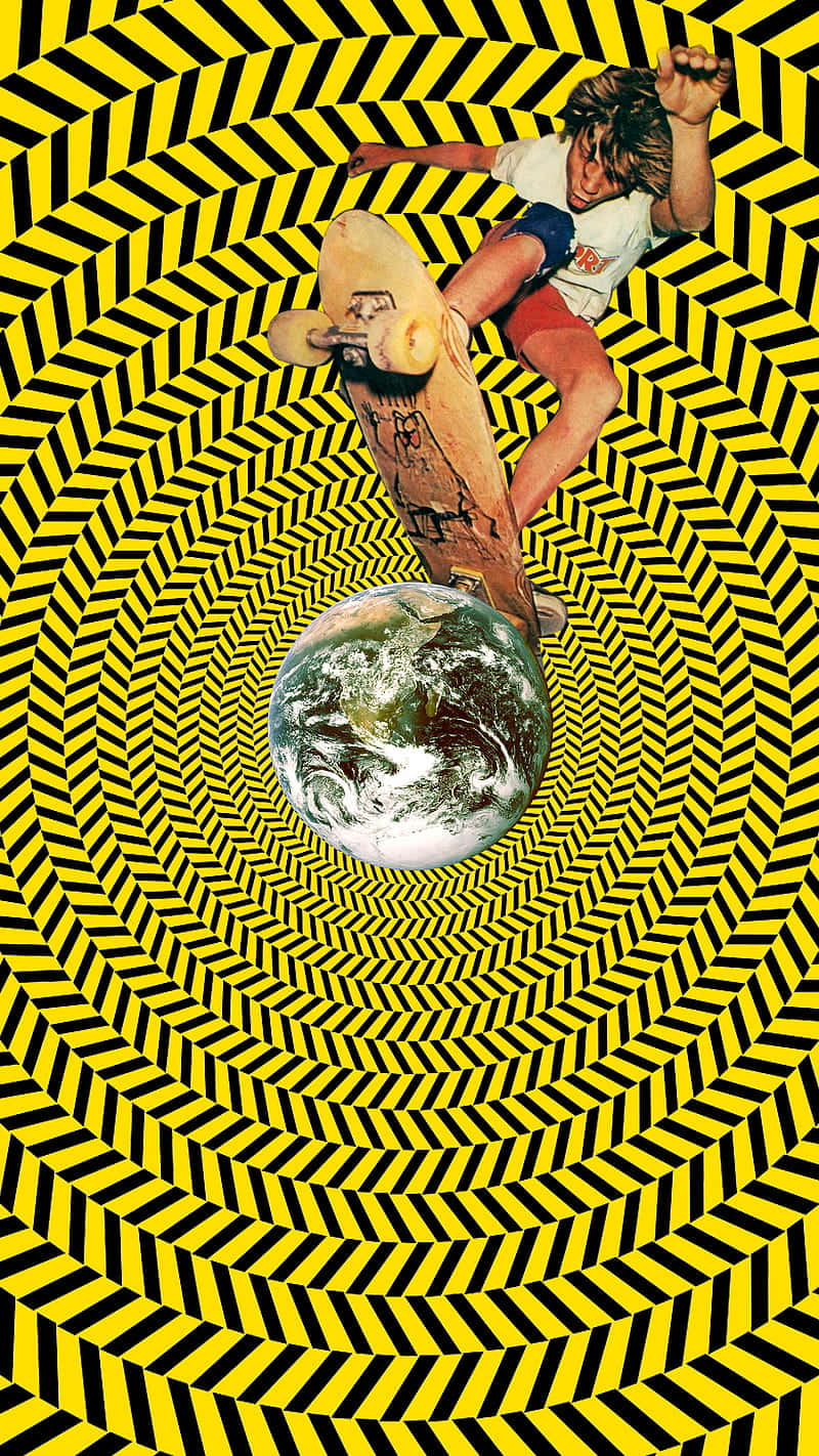 Trippy Skateboarder Over Earth Pattern.jpg Wallpaper