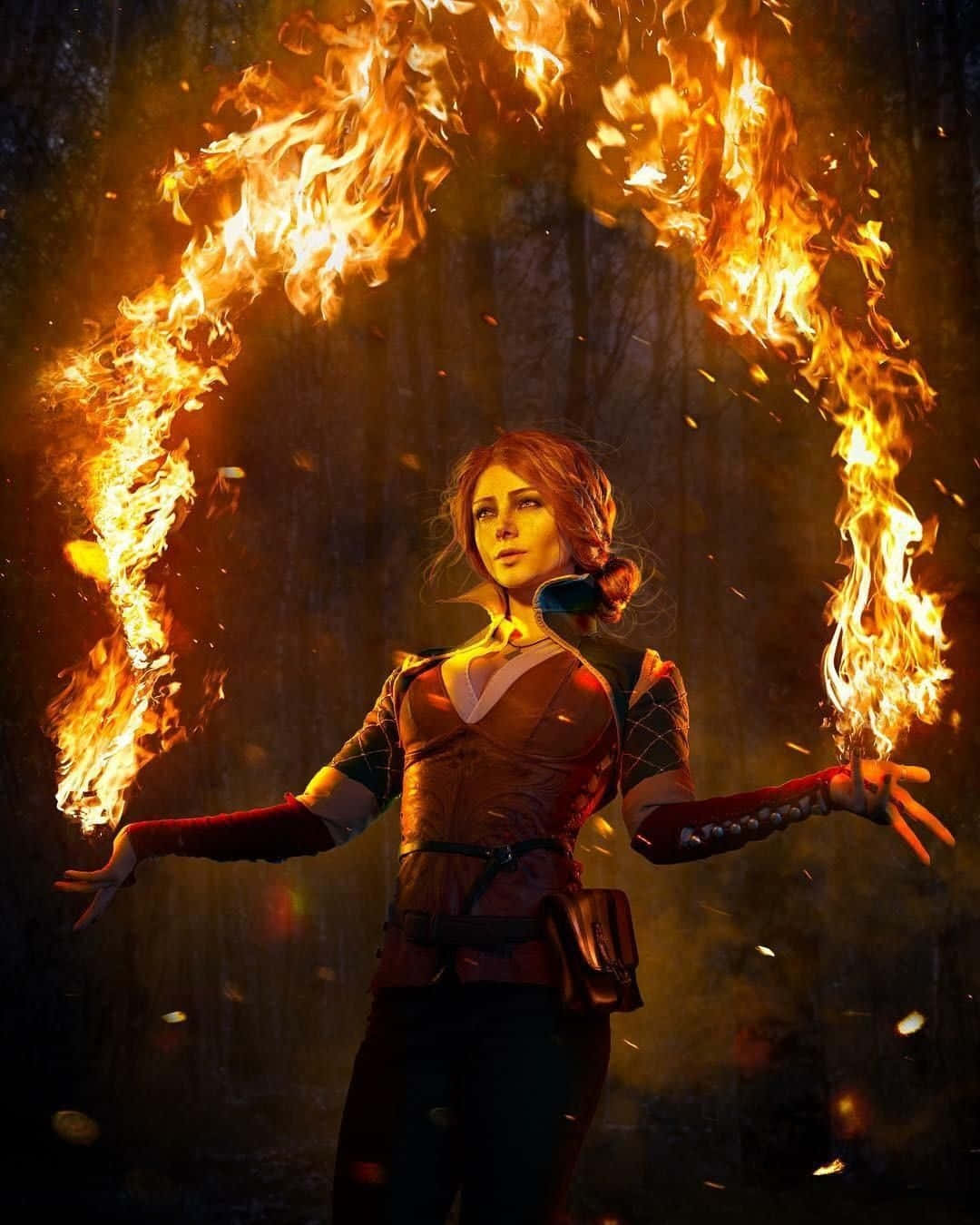 Triss Merigold Fire Magic Cosplay Wallpaper