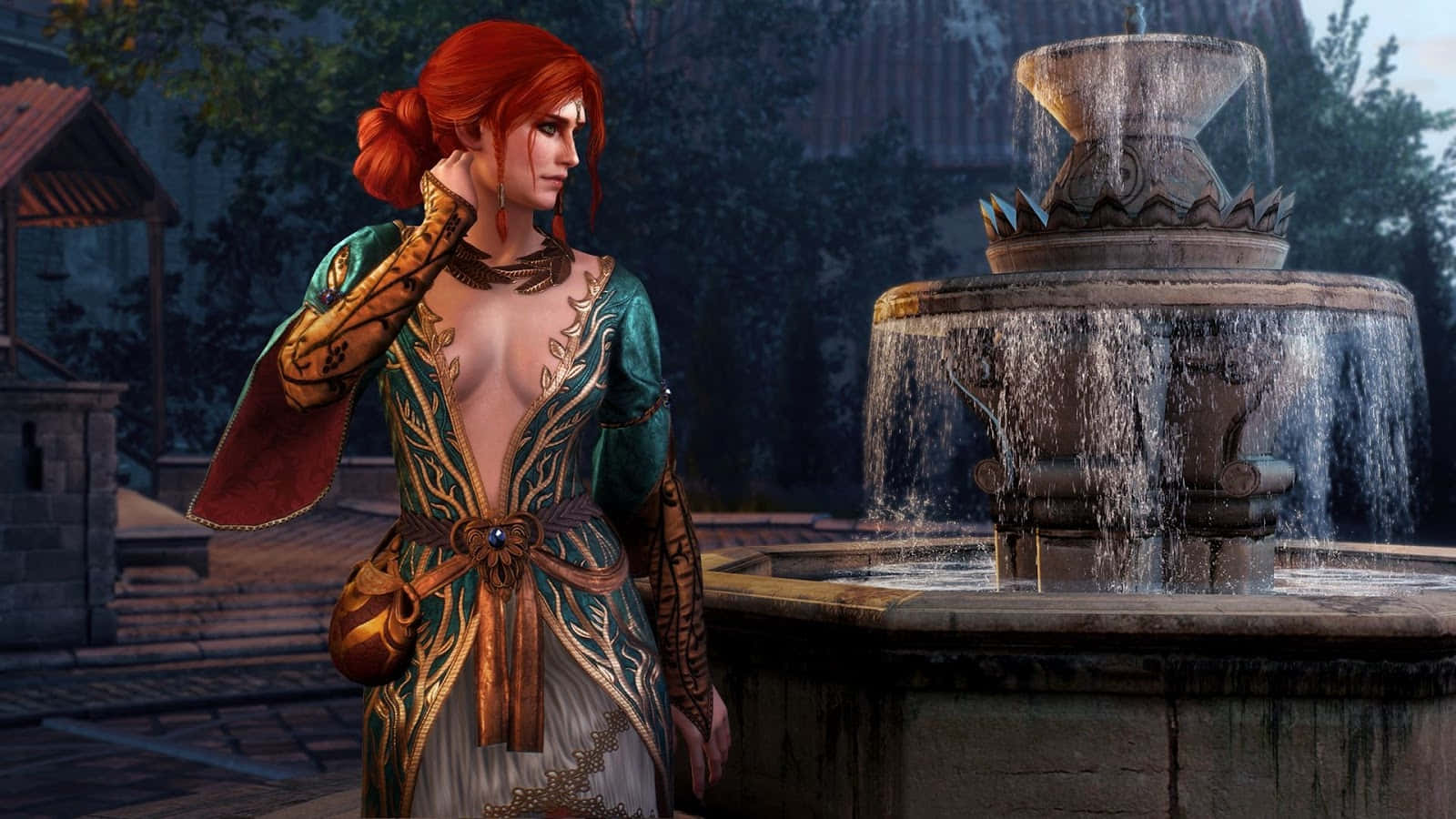 Triss Merigold The Witcher Beside Fountain Wallpaper